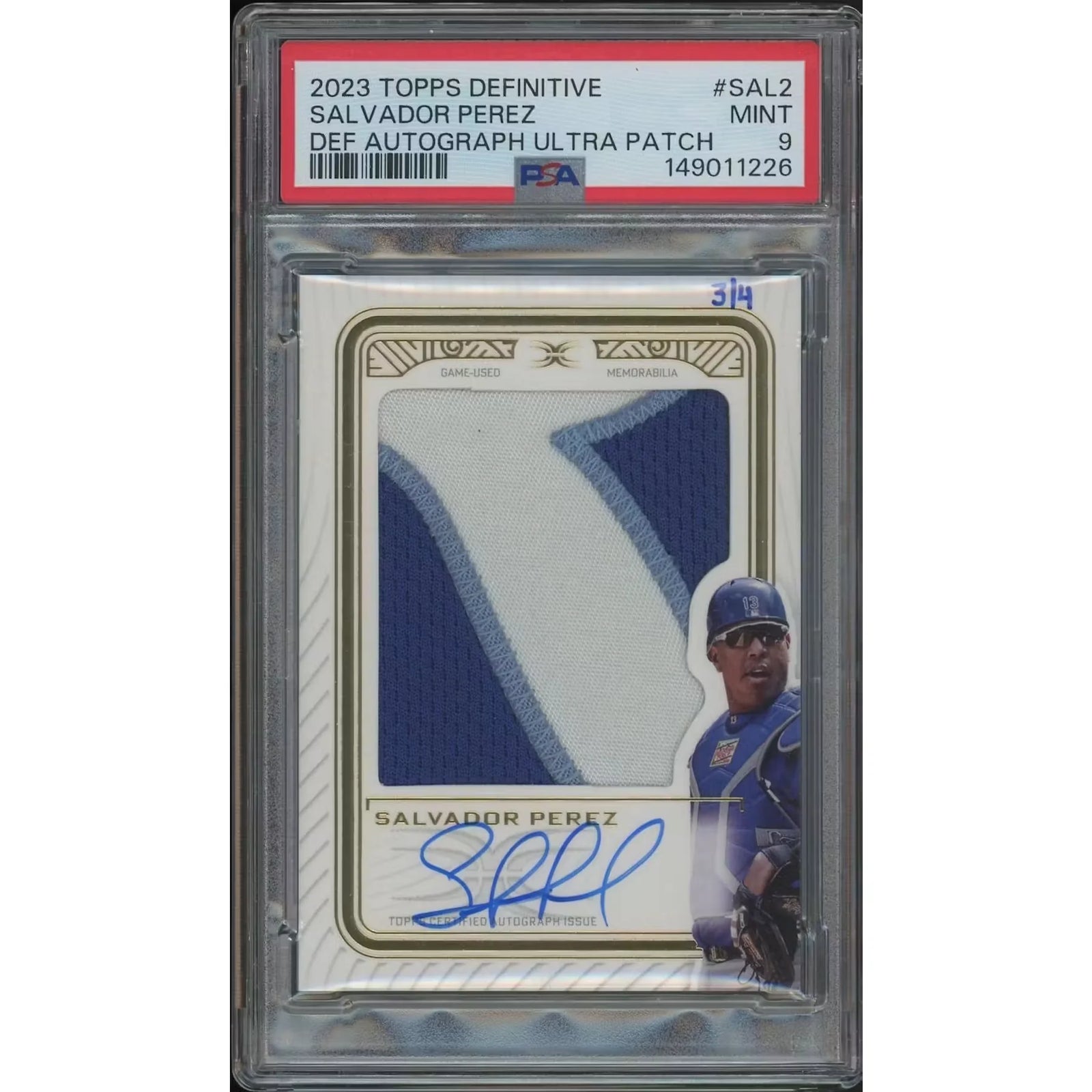 Salvador Perez Signed 2023 Topps Definitive Baseball Card | Ultra Patch Auto #3/4 PSA 9
