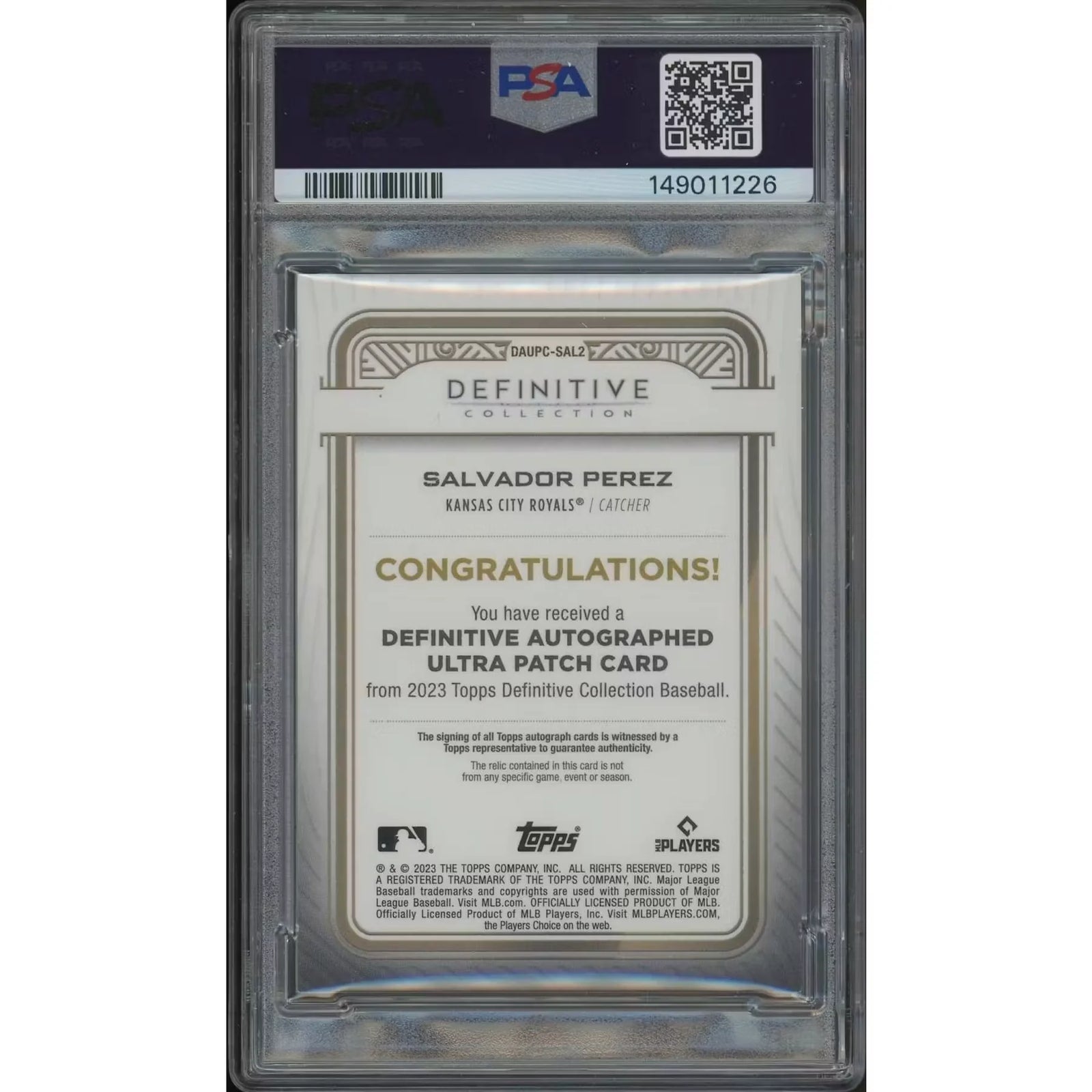 Salvador Perez Signed 2023 Topps Definitive Baseball Card | Ultra Patch Auto #3/4 PSA 9