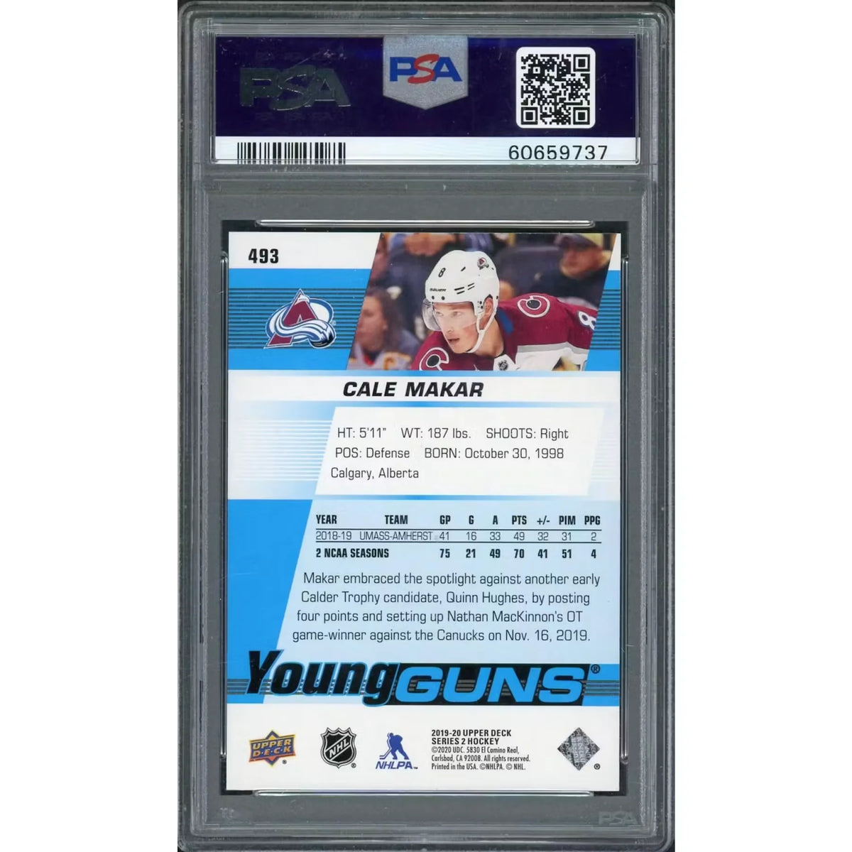 Cale Makar 2019 Upper Deck Young Guns #493 | PSA 10 | P1979294