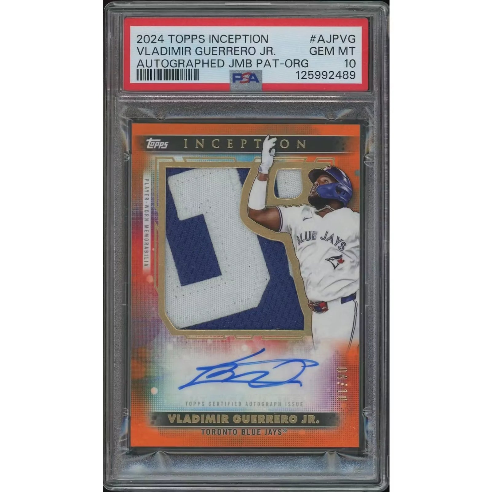2024 Topps Inception Baseball #AJPVG Vladimir Guerrero Jr. Orange Jumbo Patch Auto #04/10 PSA 10 (GEM MT) 04 Card