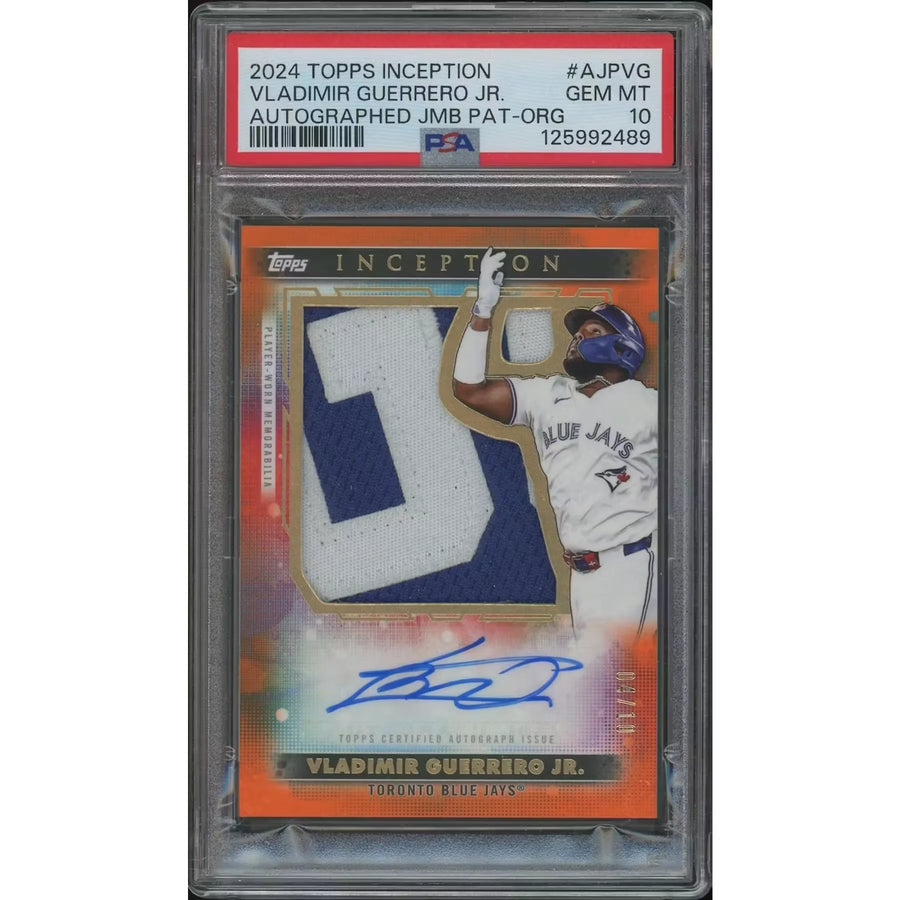 2024 Topps Inception Baseball #AJPVG Vladimir Guerrero Jr. Orange Jumbo Patch Auto #04/10 PSA 10 (GEM MT) 04 Card