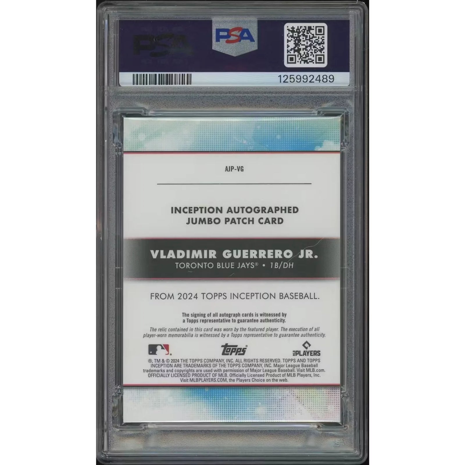 2024 Topps Inception Baseball #AJPVG Vladimir Guerrero Jr. Orange Jumbo Patch Auto #04/10 PSA 10 (GEM MT) 04 Card
