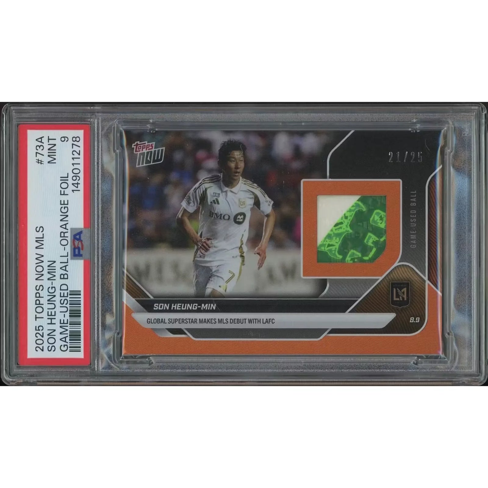 Son Heung-Min Signed 2025 Topps Now MLS Card | Orange Foil Game Used Ball Relic #21/25 PSA
