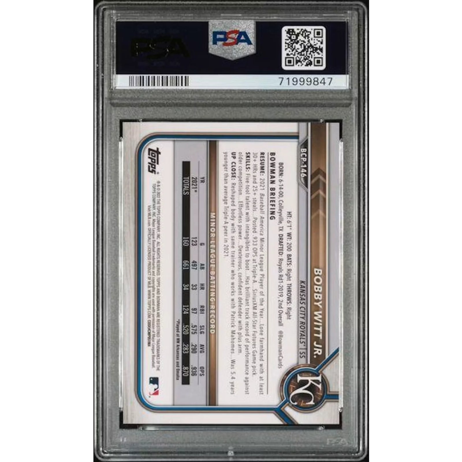 Bobby Witt Jr 2022 Bowman Chrome Sapphire Purple/25 | PSA 10