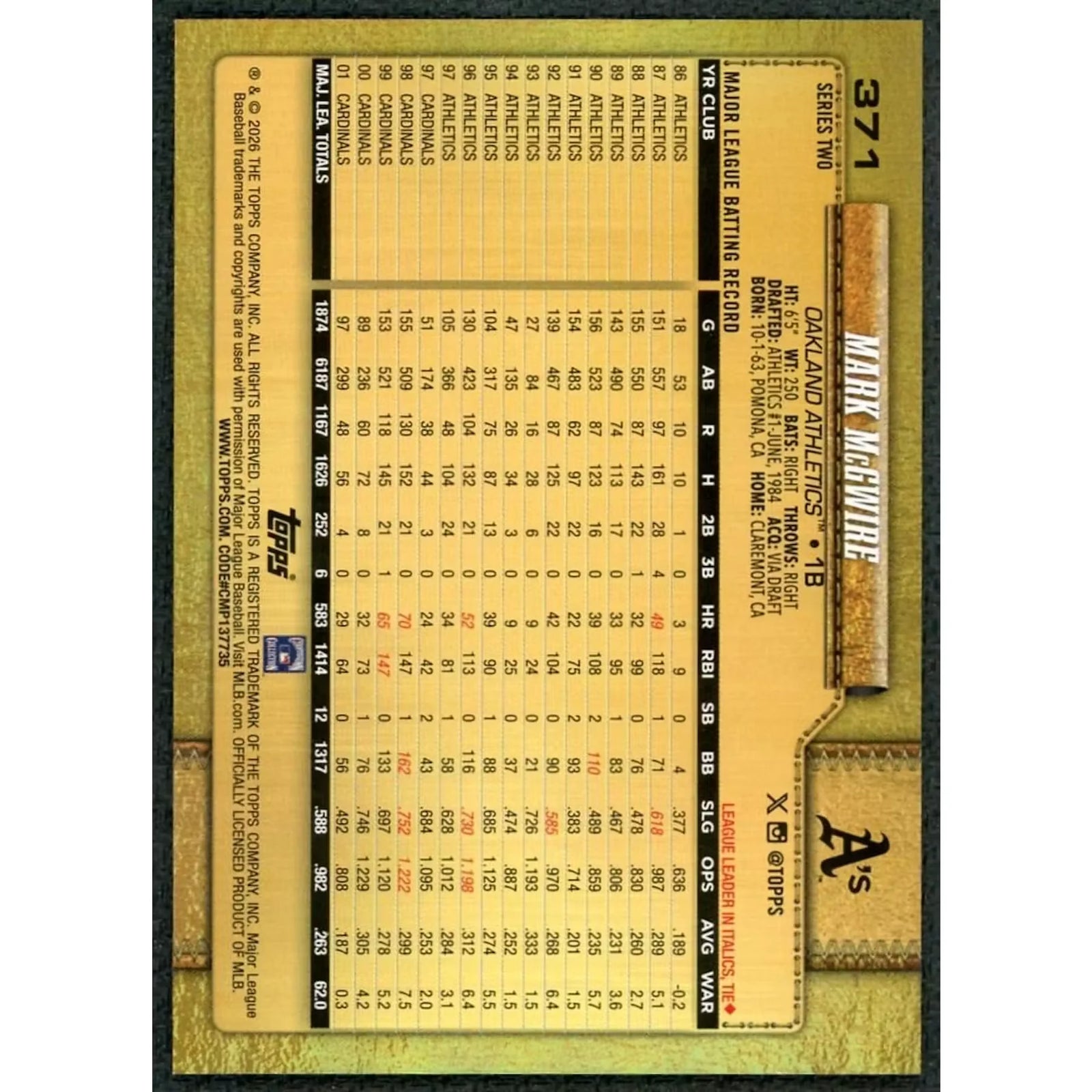 Mark McGwire 2026 Topps Series 2 Golden Mirror SSP #371