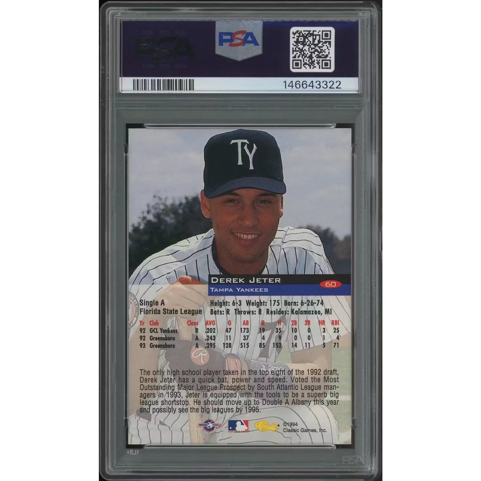 Derek Jeter Signed 1994 Classic Baseball #60 | PSA 8 NM-MT