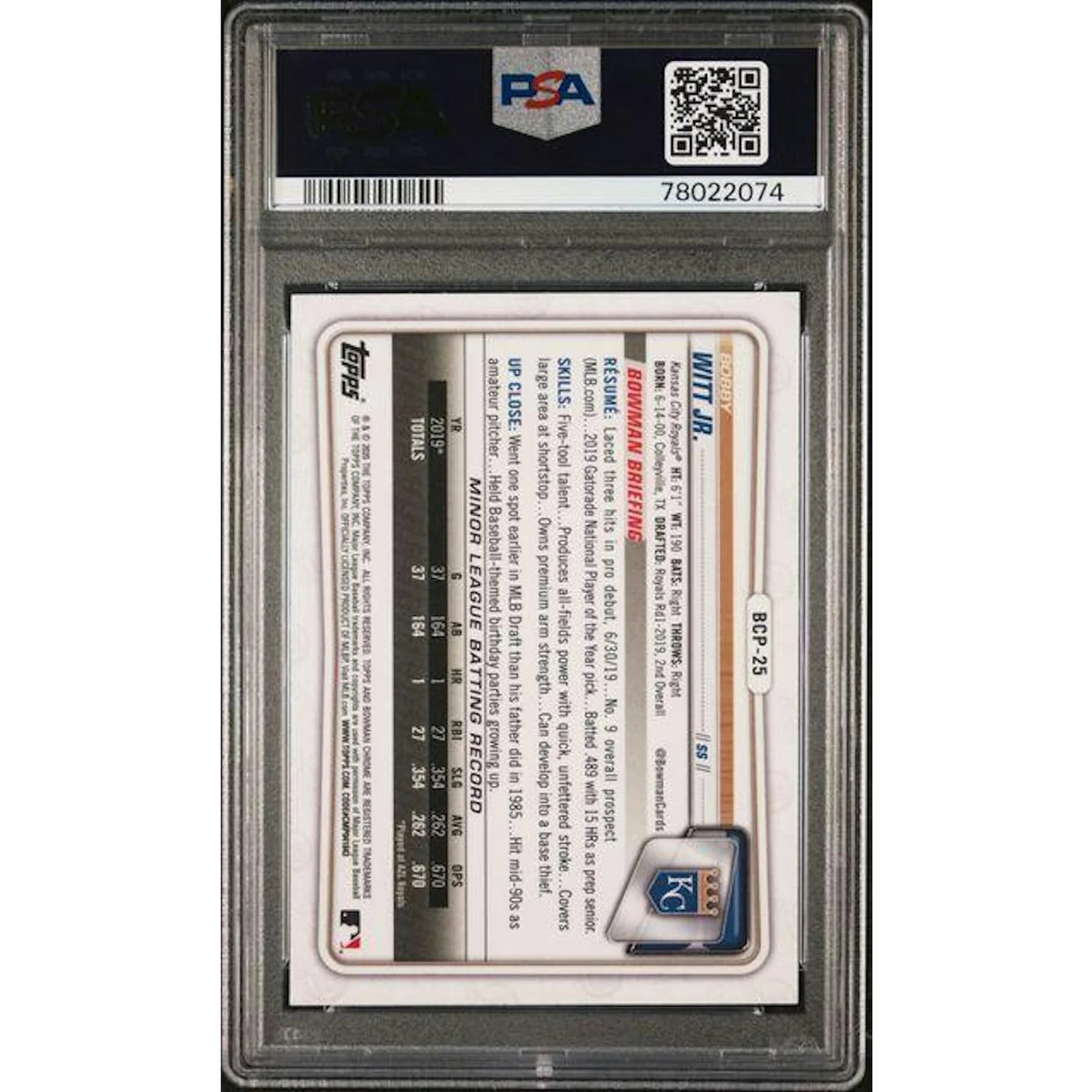 Bobby Witt Jr 2020 Bowman Chrome Sapphire #BCP-25 | PSA 10