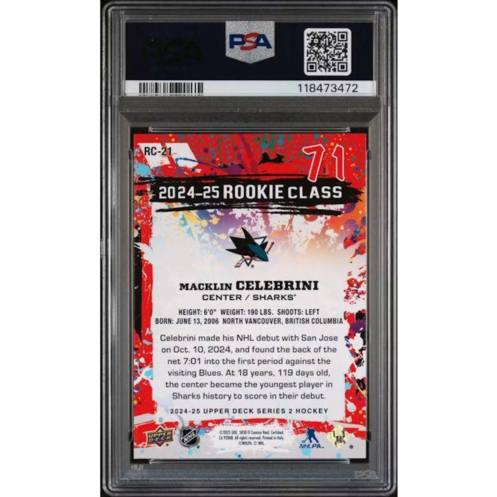Macklin Celebrini 2024-25 Upper Deck Rookie Commemorative | PSA 10