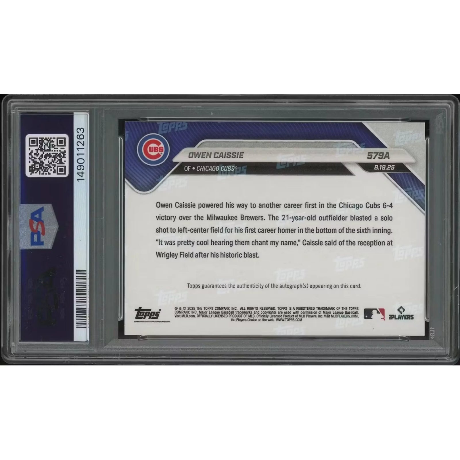 Owen Cassie Signed 2025 Topps Now Baseball Card | Black Foil Rookie Auto PSA 9