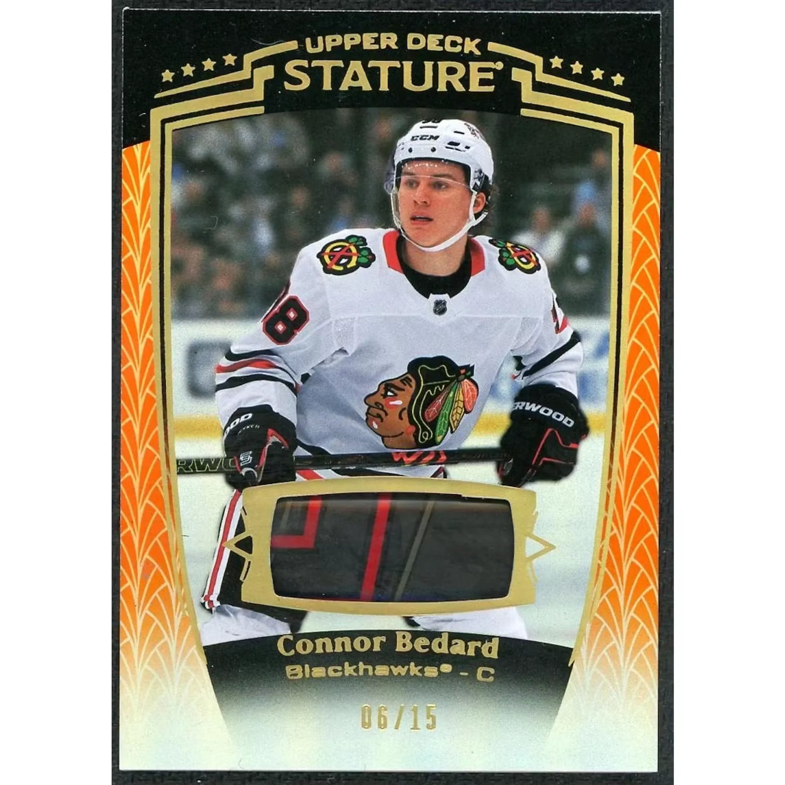 Connor Bedard Signed Stick Relic Card | 2024-25 Upper Deck Stature Orange/15