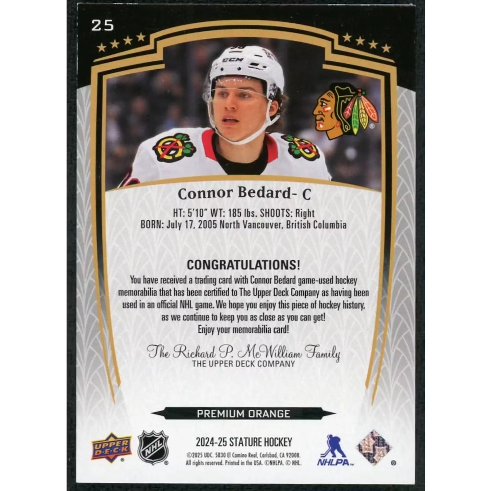 Connor Bedard Signed Stick Relic Card | 2024-25 Upper Deck Stature Orange/15