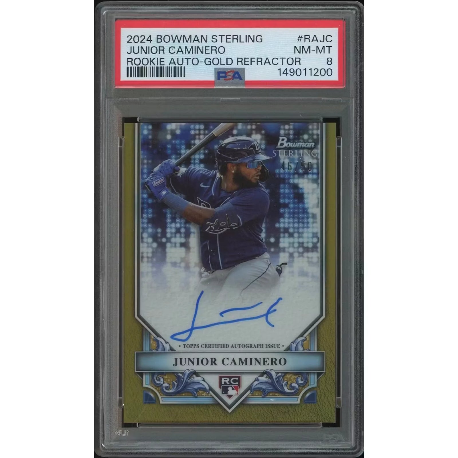 Junior Caminero Signed 2024 Bowman Sterling Gold Refractor Rookie Card | PSA 8 #46/50