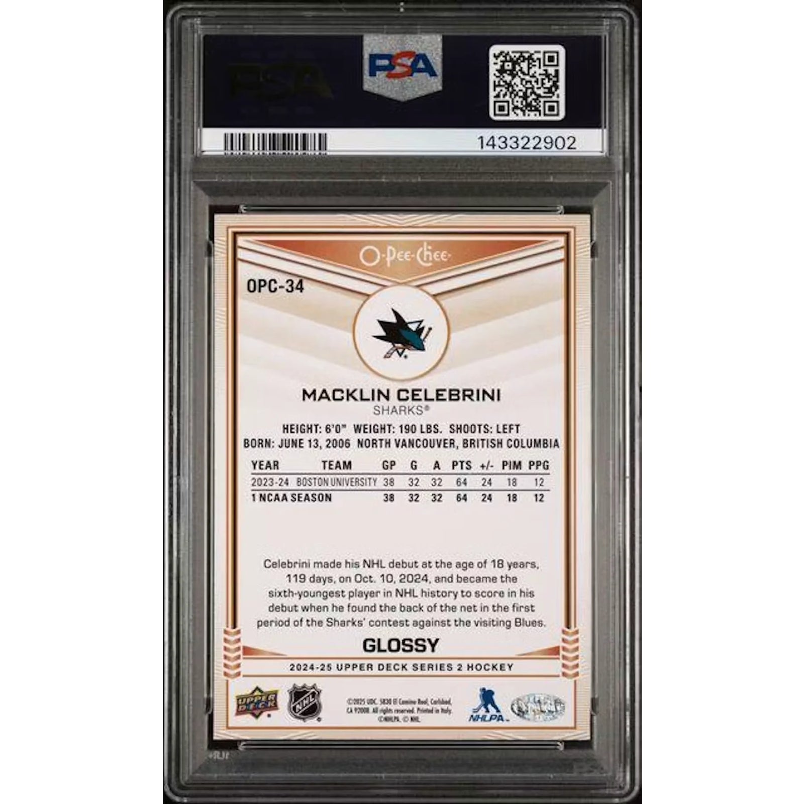 Macklin Celebrini 2024-25 Upper Deck O-Pee-Chee Glossy Gold Rookie #OPC34 | PSA 10