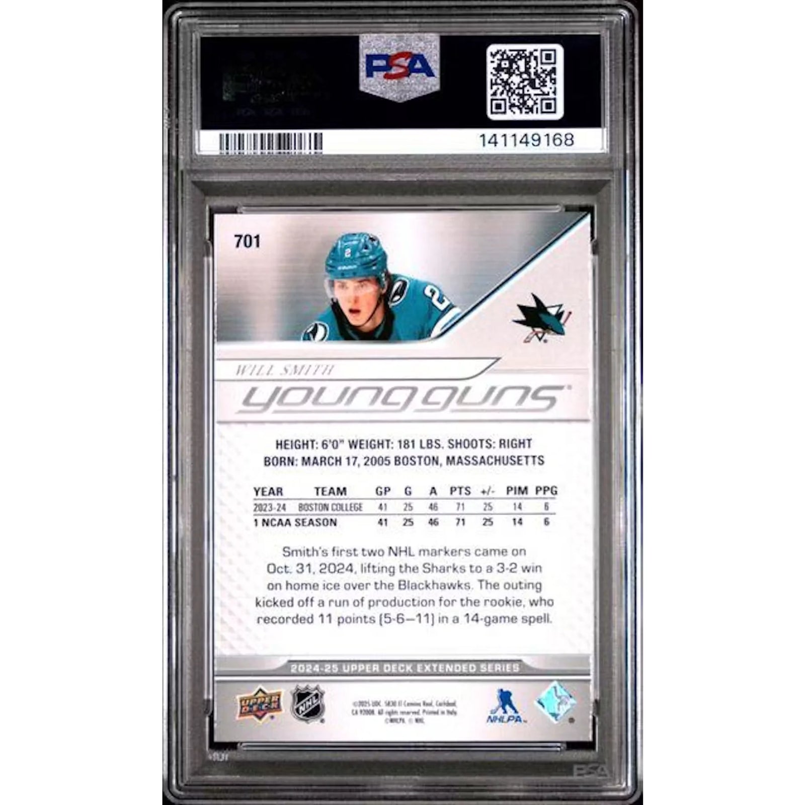 2024-25 Will Smith Young Guns #701 Hockey Card | PSA 10