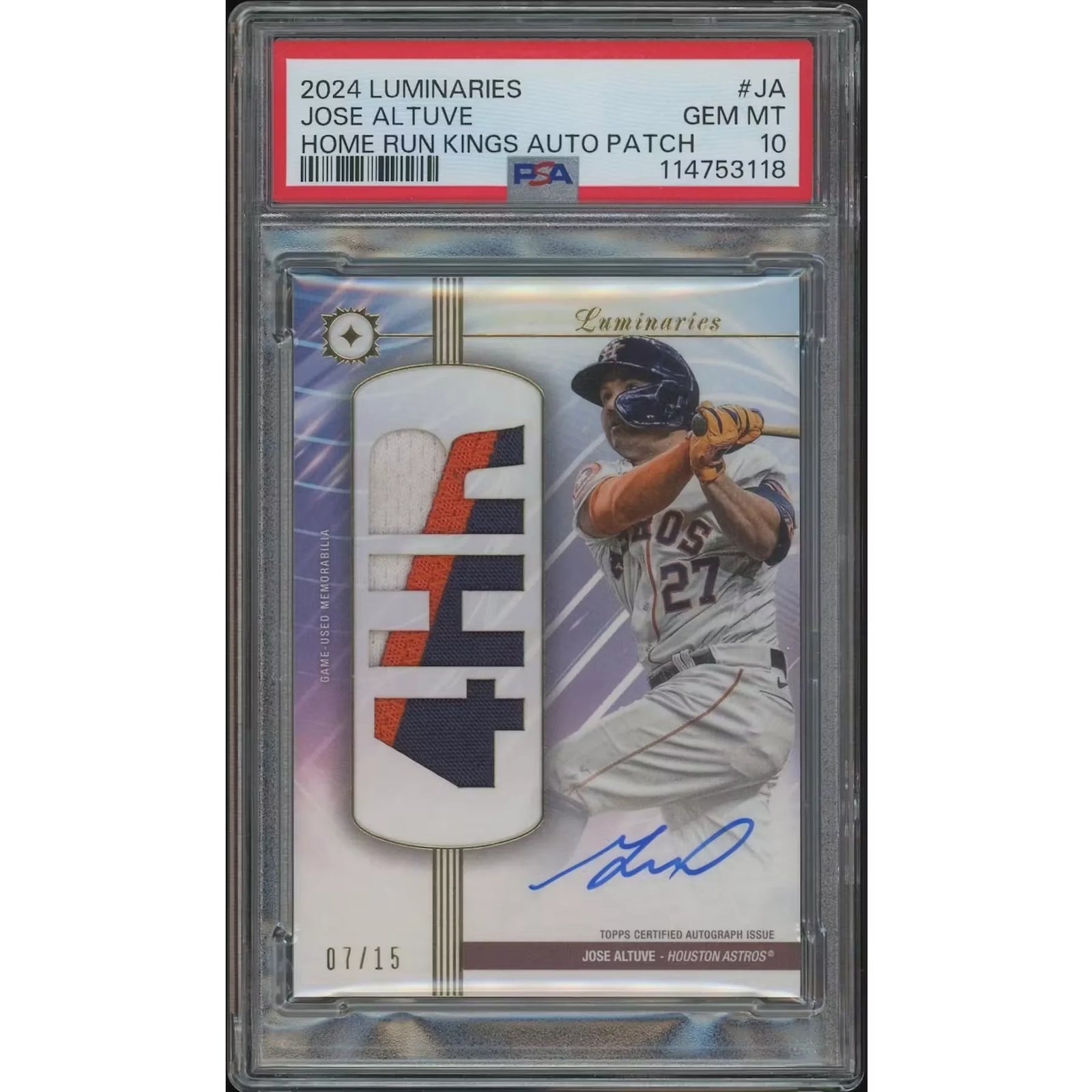 Jose Altuve Signed 2024 Topps Luminaries #07 Card | Home Run Kings Patch Auto PSA 10
