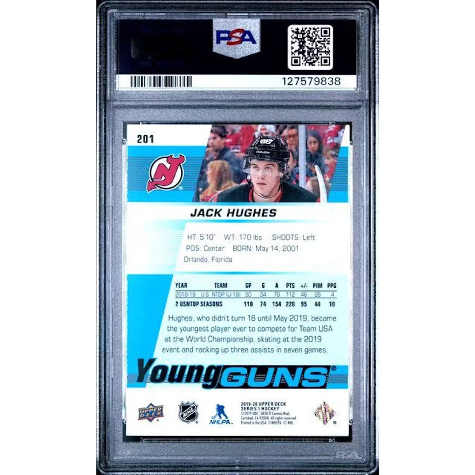 Jack Hughes 2019-20 Upper Deck Young Guns Rookie Card #201 | PSA 10