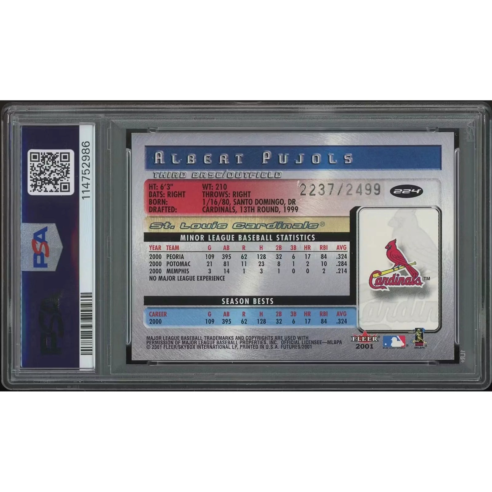 Albert Pujols 2001 Fleer Futures Rookie Card #224 | PSA 9