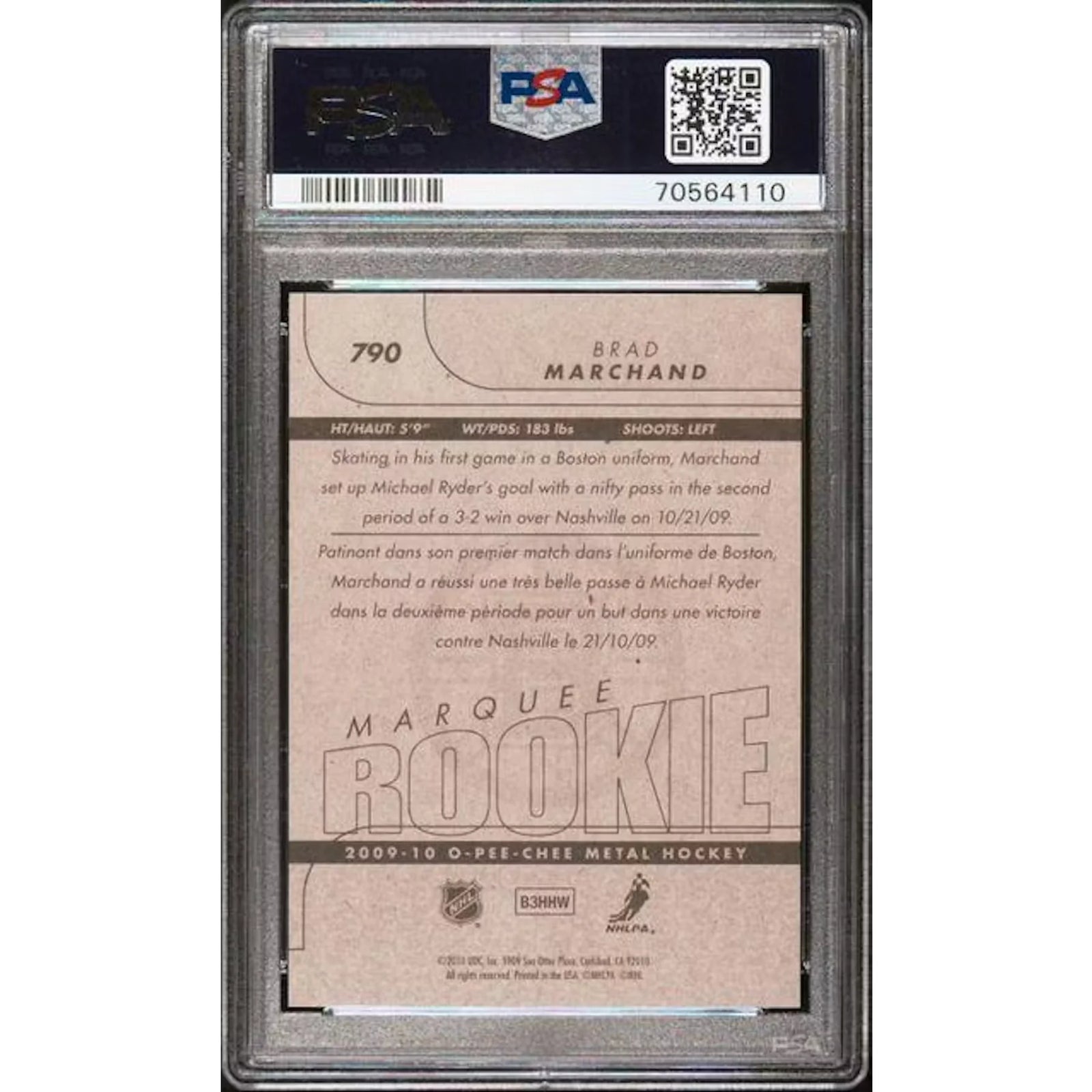 Brad Marchand 2009 O-Pee-Chee Marquee Rookie #790 | PSA 10