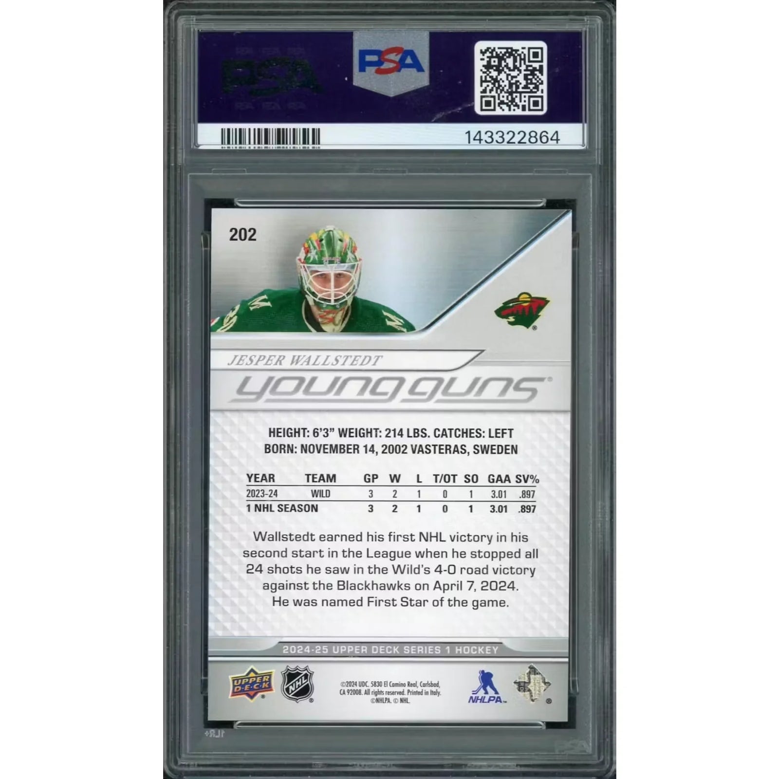Jesper Wallstedt 2024 Upper Deck Young Guns #202 | PSA 10