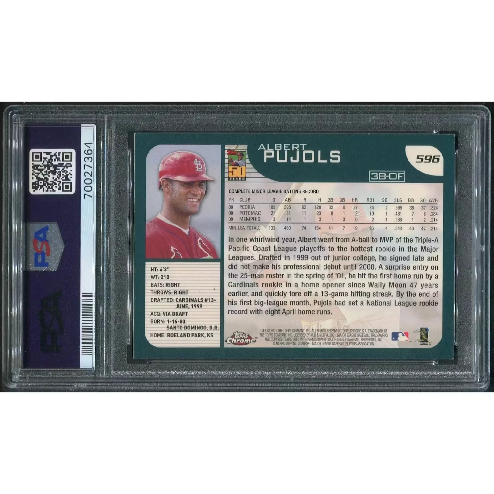 Albert Pujols 2001 Topps Chrome #596 Rookie Card | PSA 8