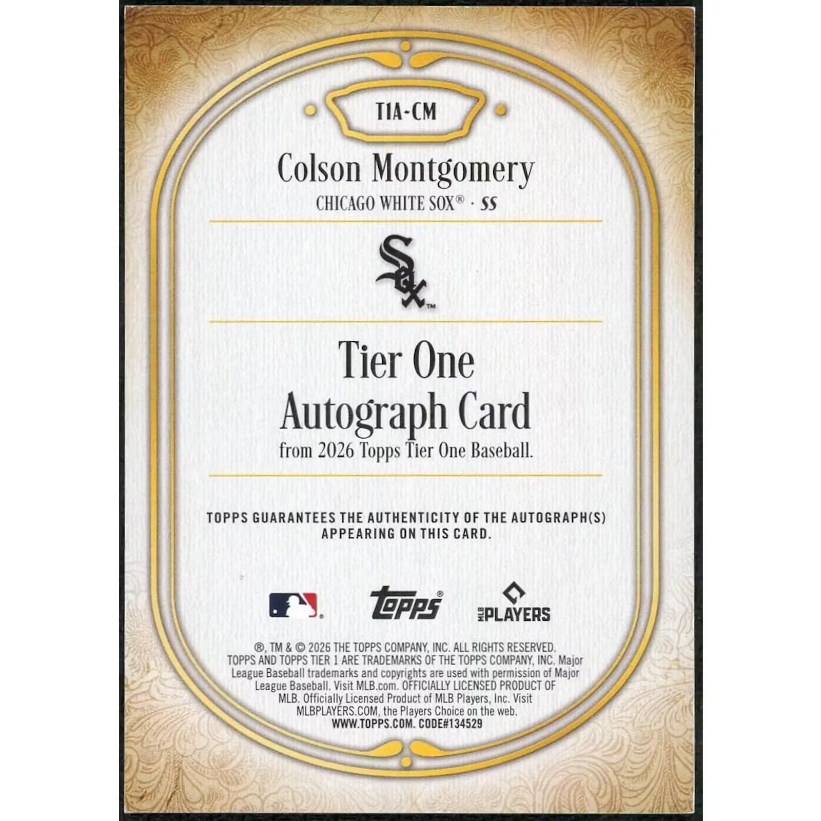 Colson Montgomery Signed 2026 Topps Tier One Rookie Card | Red Parallel/25