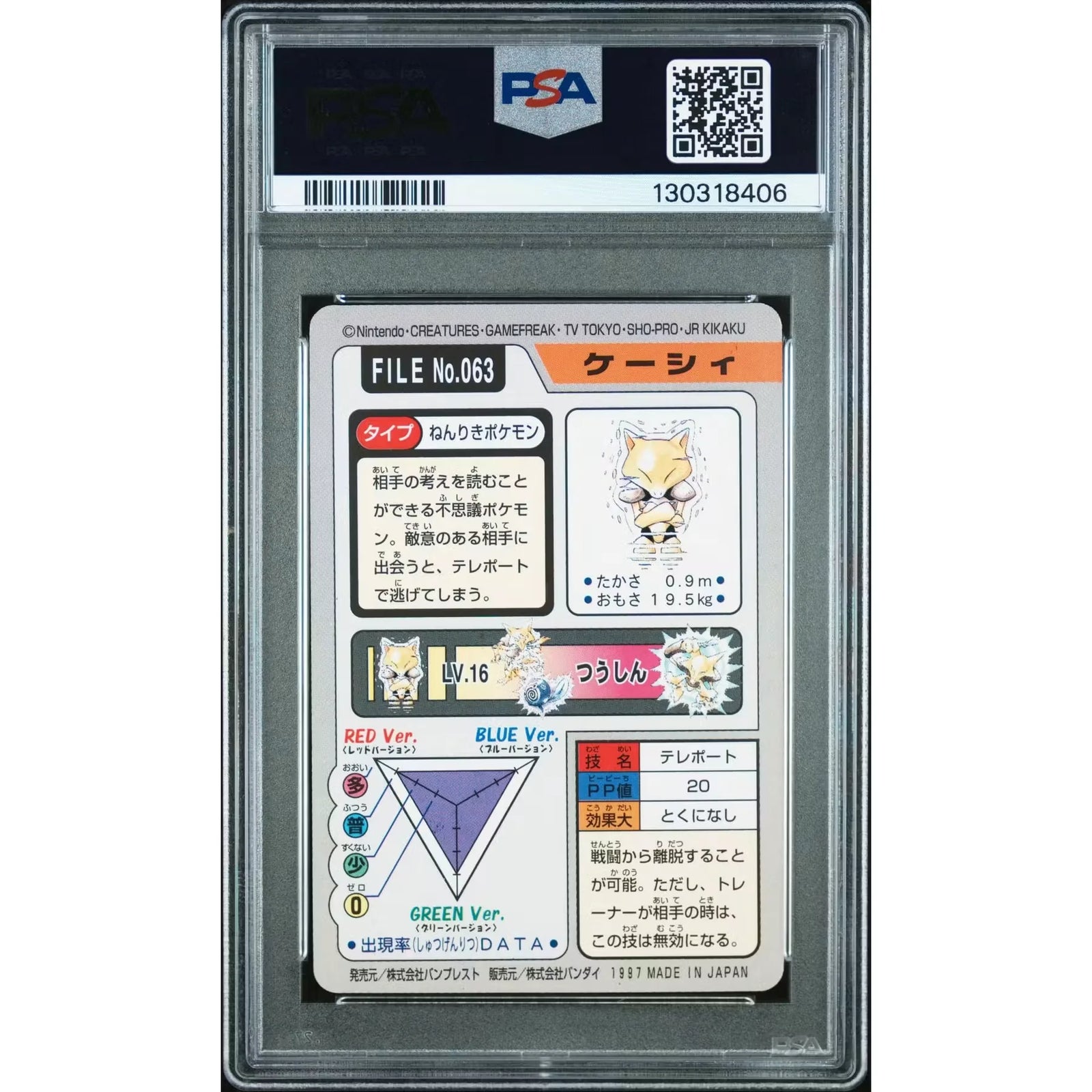 Pokemon 1997 Bandai CardDass Abra 063 | PSA 8