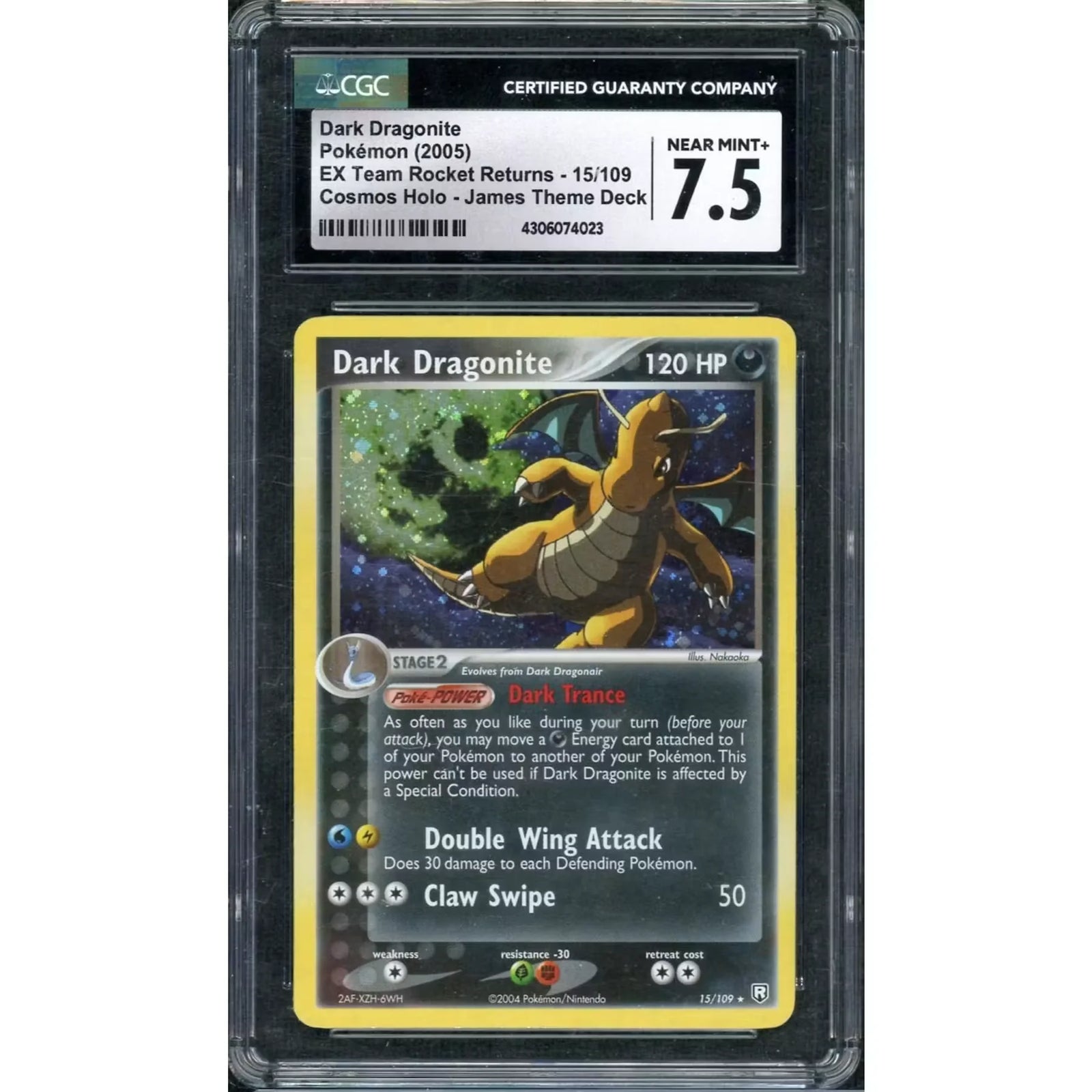 2005 Pokemon Dark Dragonite Cosmos Holo | Team Rocket Returns 15/109 CGC 7.5