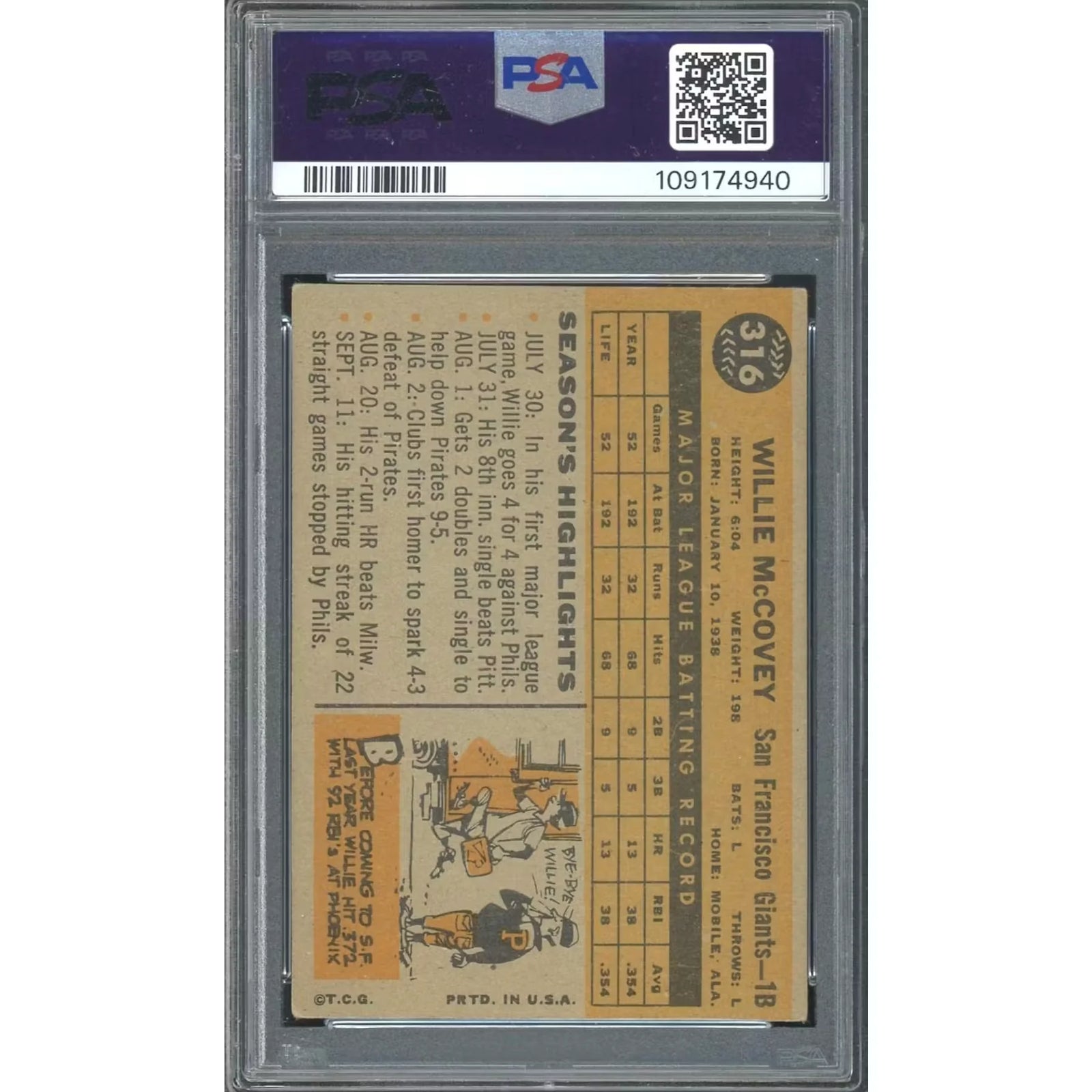 Willie McCovey 1960 Topps #316 Rookie Card | PSA 2 Auto 10