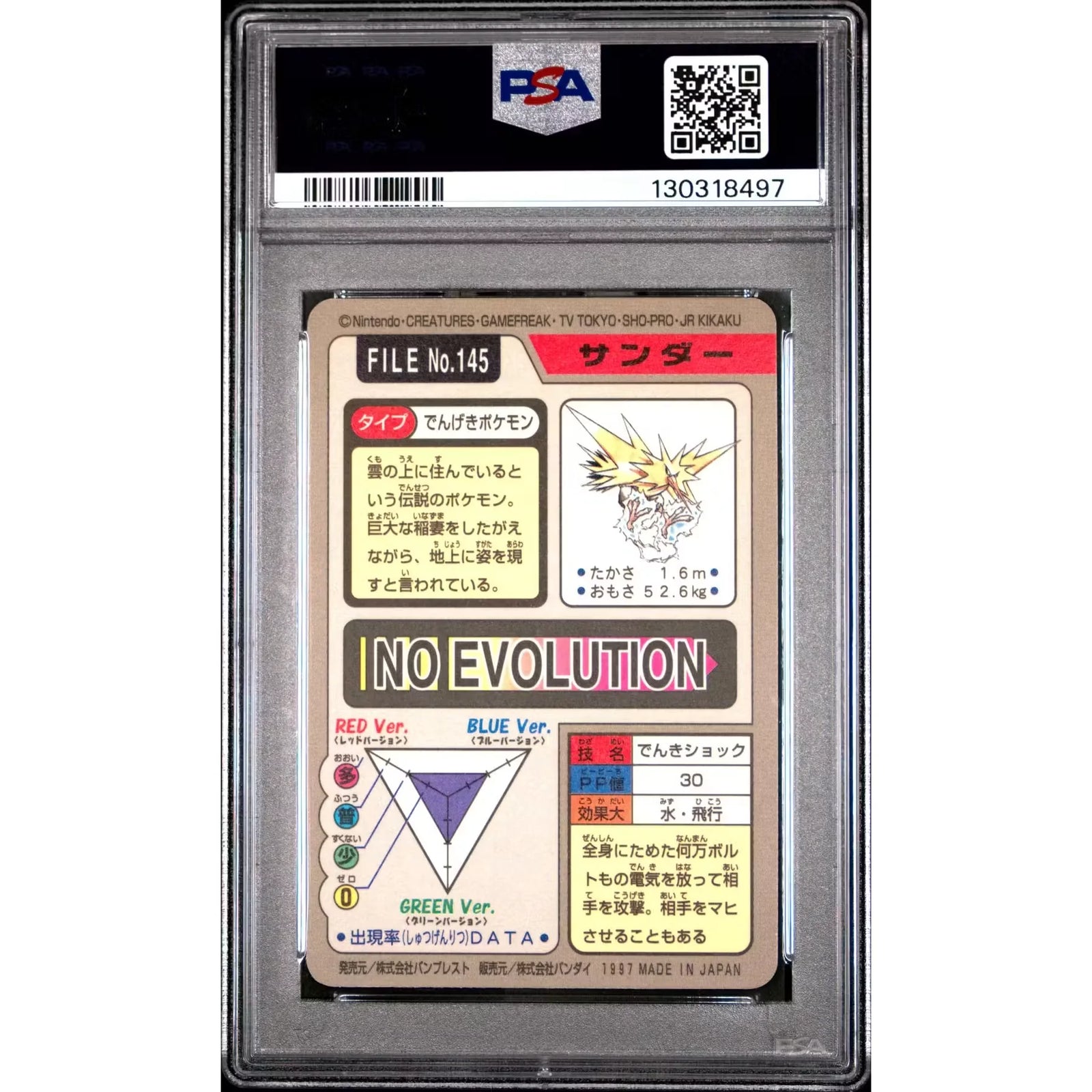 Pokemon Zapdos 145 Signed Holo Card | 1997 Bandai CardDass PSA 8