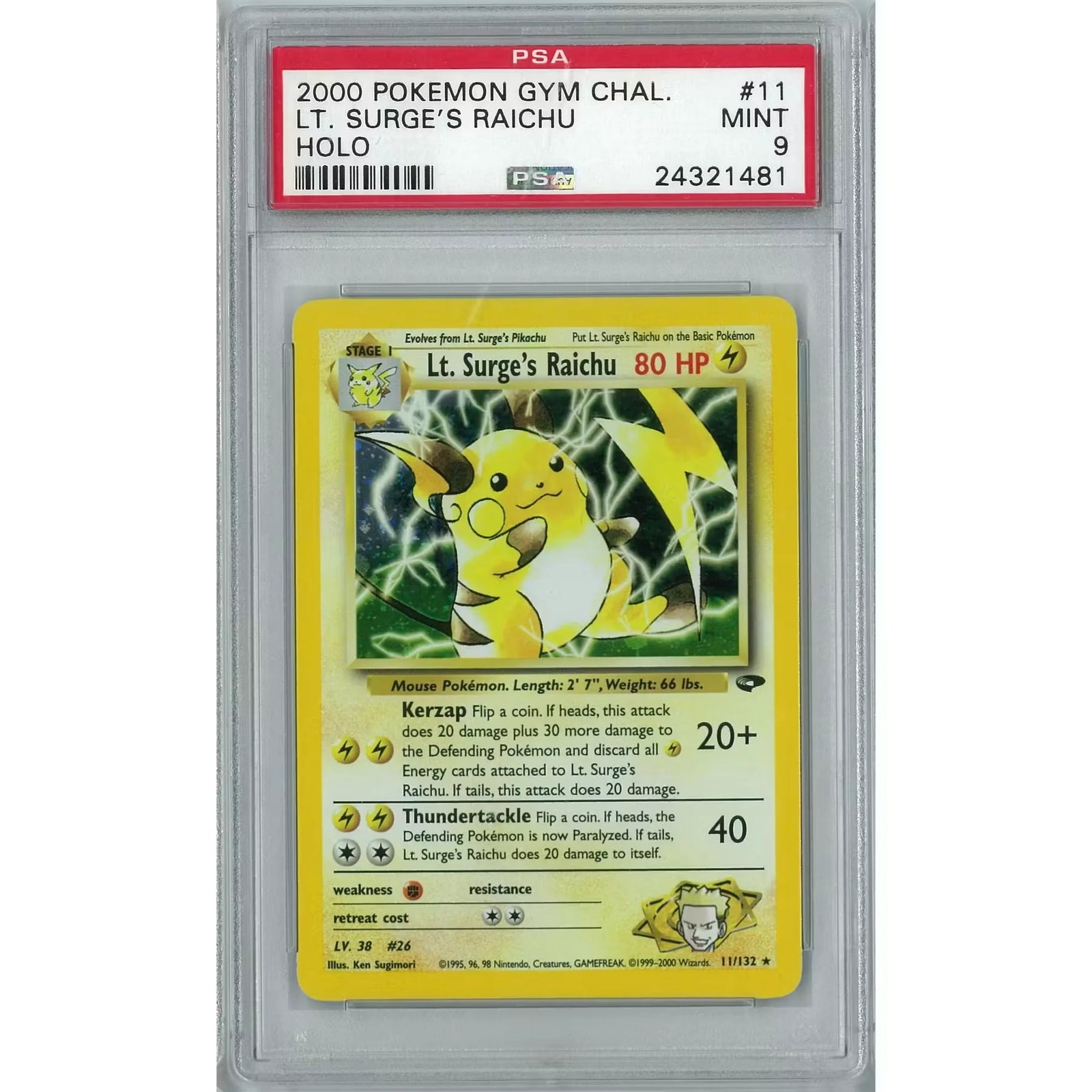 Pokemon Lt. Surge's Raichu 11/132 | PSA 9 Gym Challenge Holo