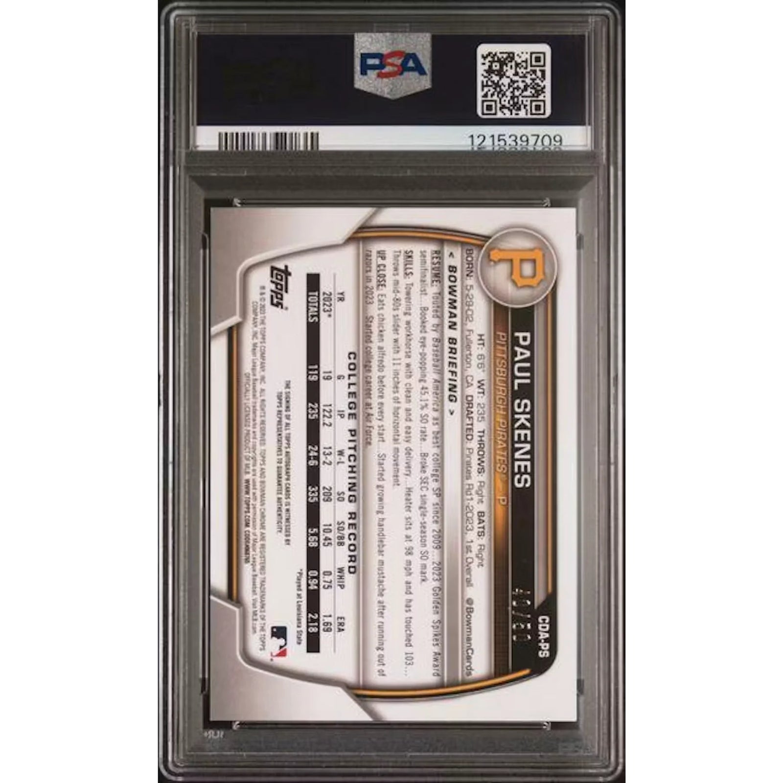 Paul Skenes 2023 Bowman Draft Gold Refractor Prospect Auto | PSA 9