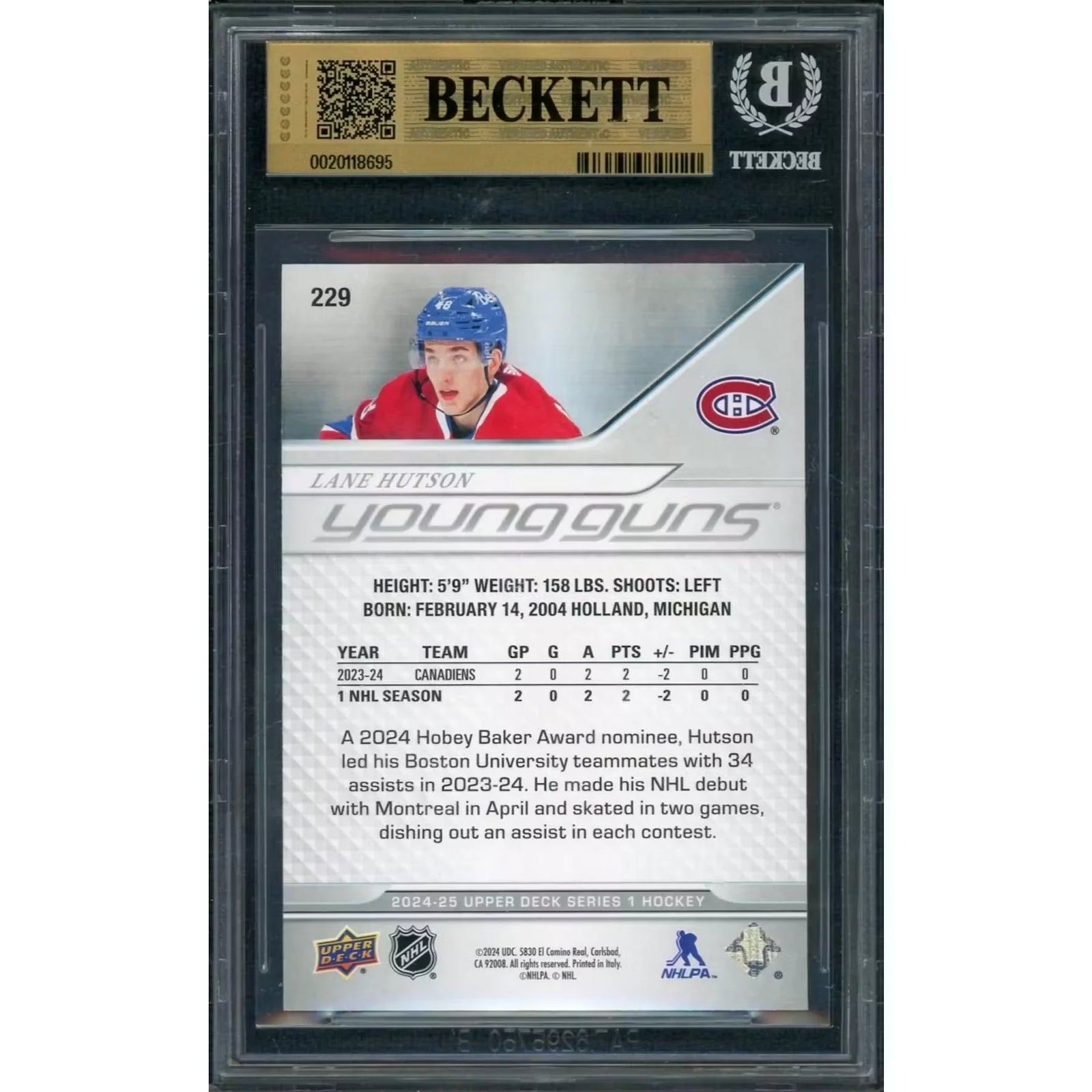 Lane Hutson 2024-25 Upper Deck Young Guns #229 | BGS 9.5