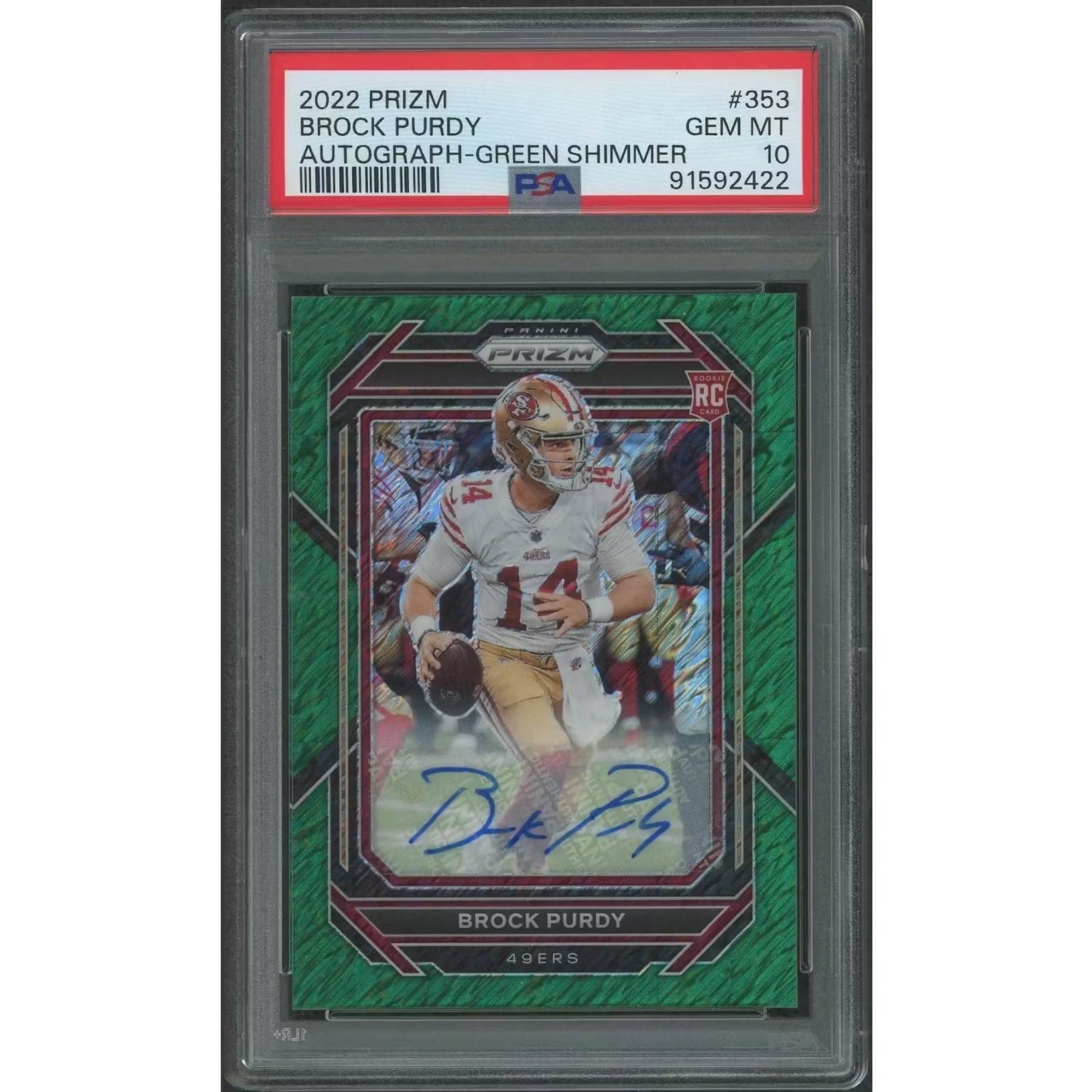 Brock Purdy 2022 Panini Prizm #353 Rookie Auto | Green Shimmer PSA 10