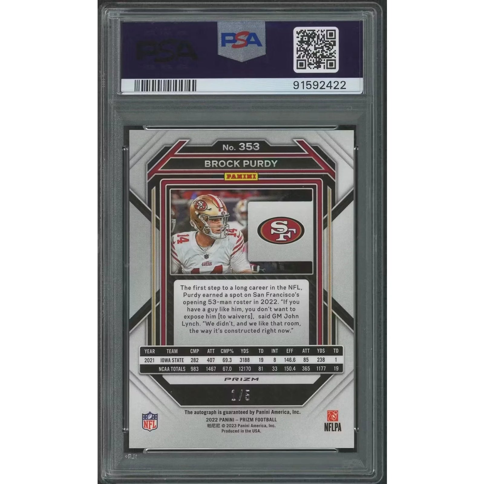 Brock Purdy 2022 Panini Prizm #353 Rookie Auto | Green Shimmer PSA 10