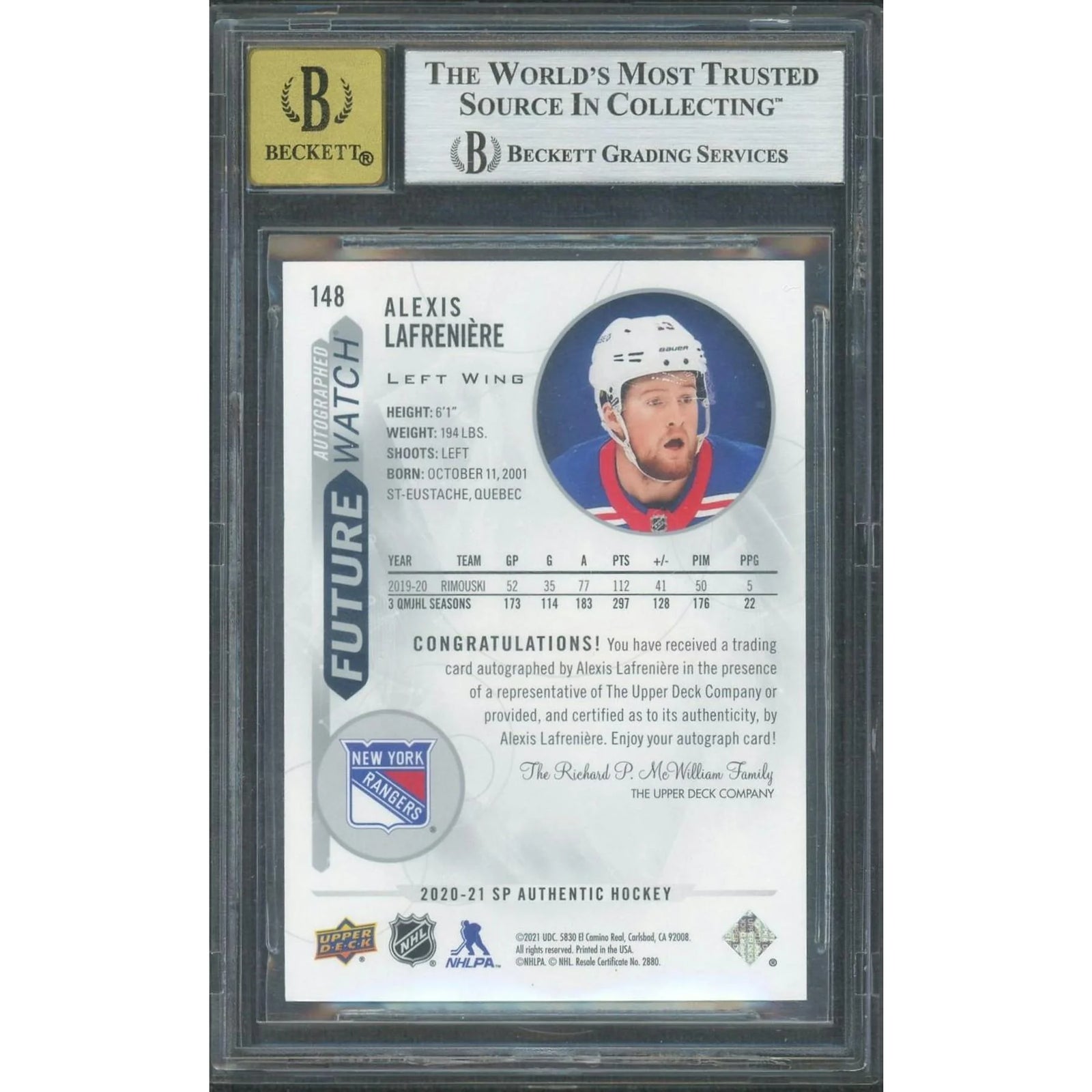 Alexis Lafreniere Signed 2020-21 Upper Deck SP Authentic Card | BGS 9