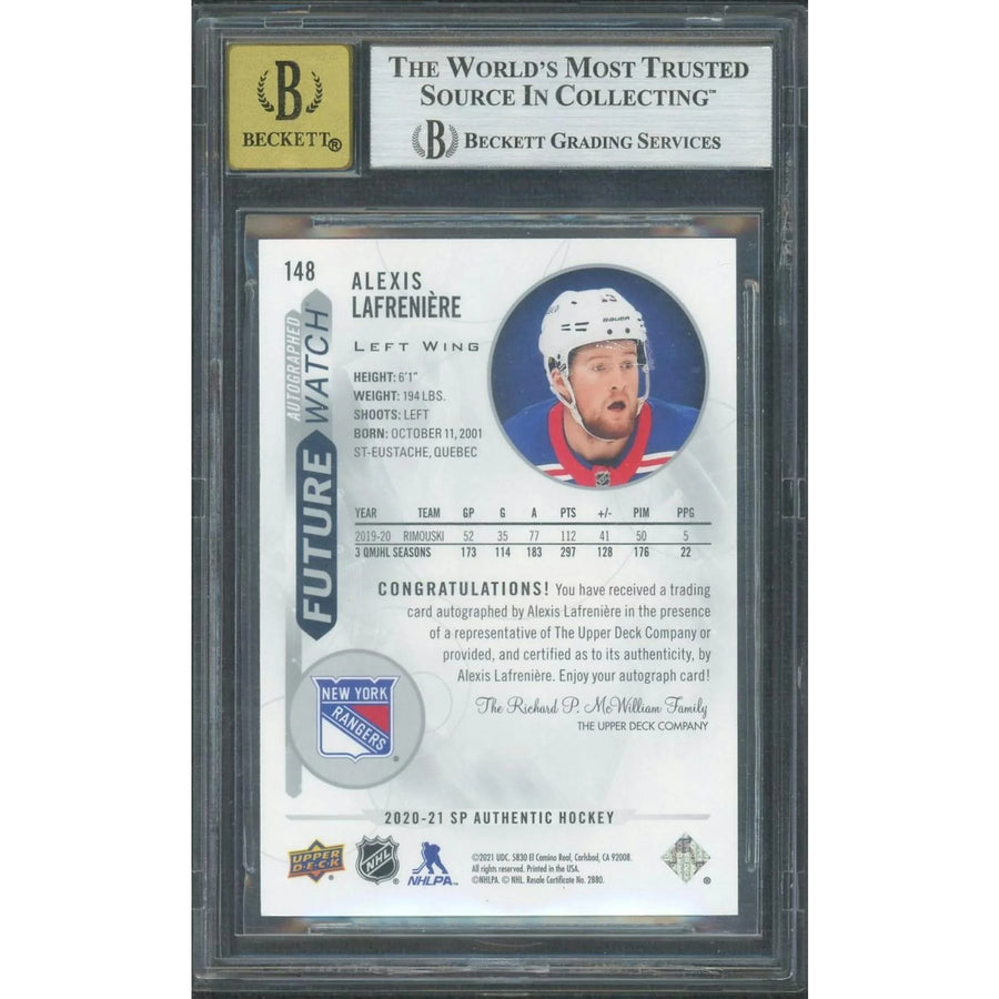 Alexis Lafreniere Signed 2020-21 Upper Deck SP Authentic Card | BGS 9
