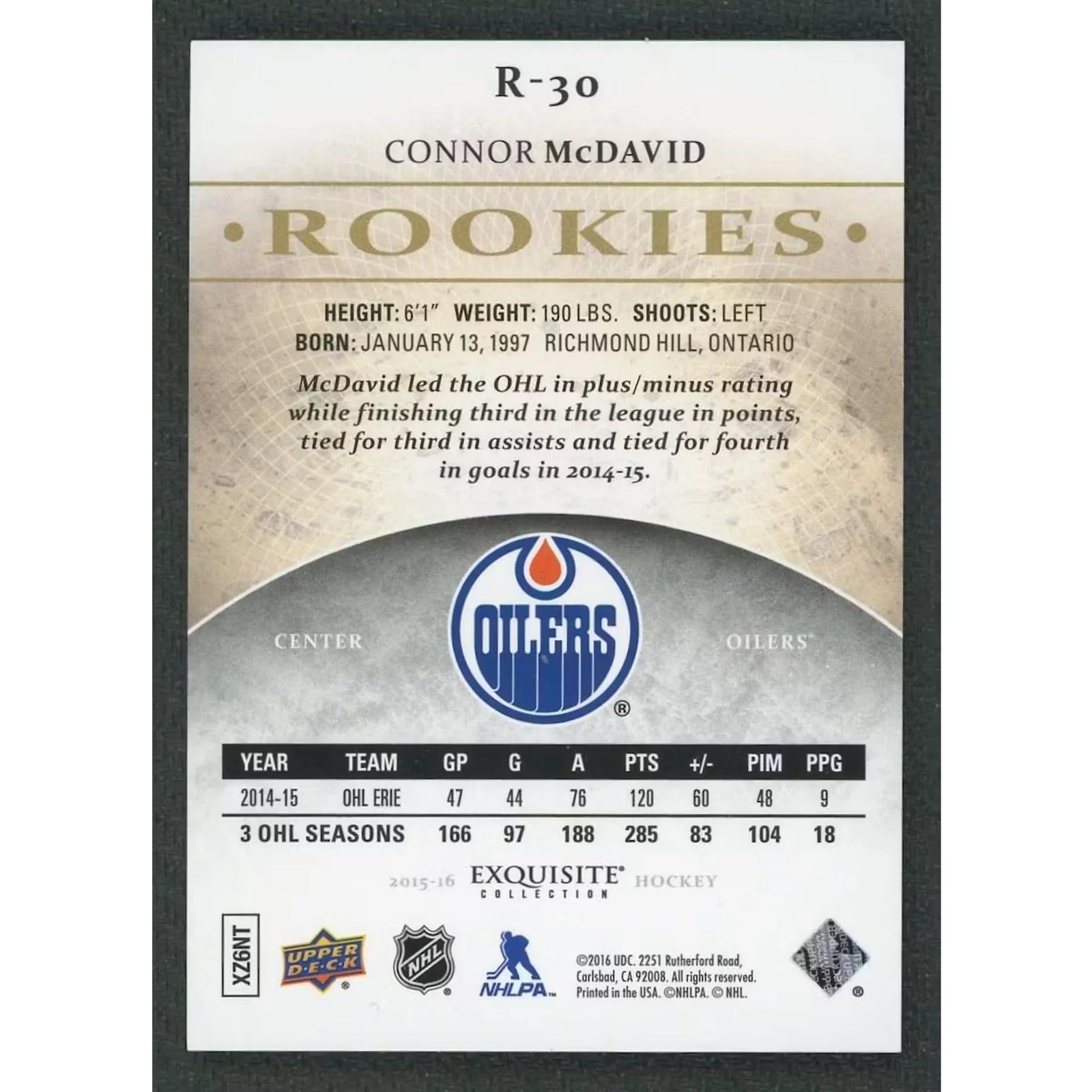 Connor McDavid 2015-16 Upper Deck Exquisite Rookie Card | Gold Spectrum/97