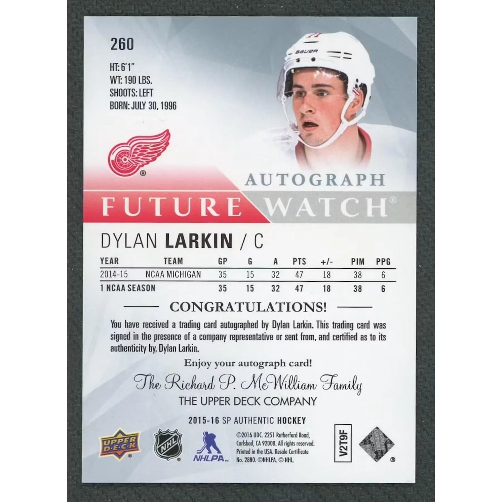 Dylan Larkin Signed 2015-16 SP Authentic Future Watch Rookie Card |/999