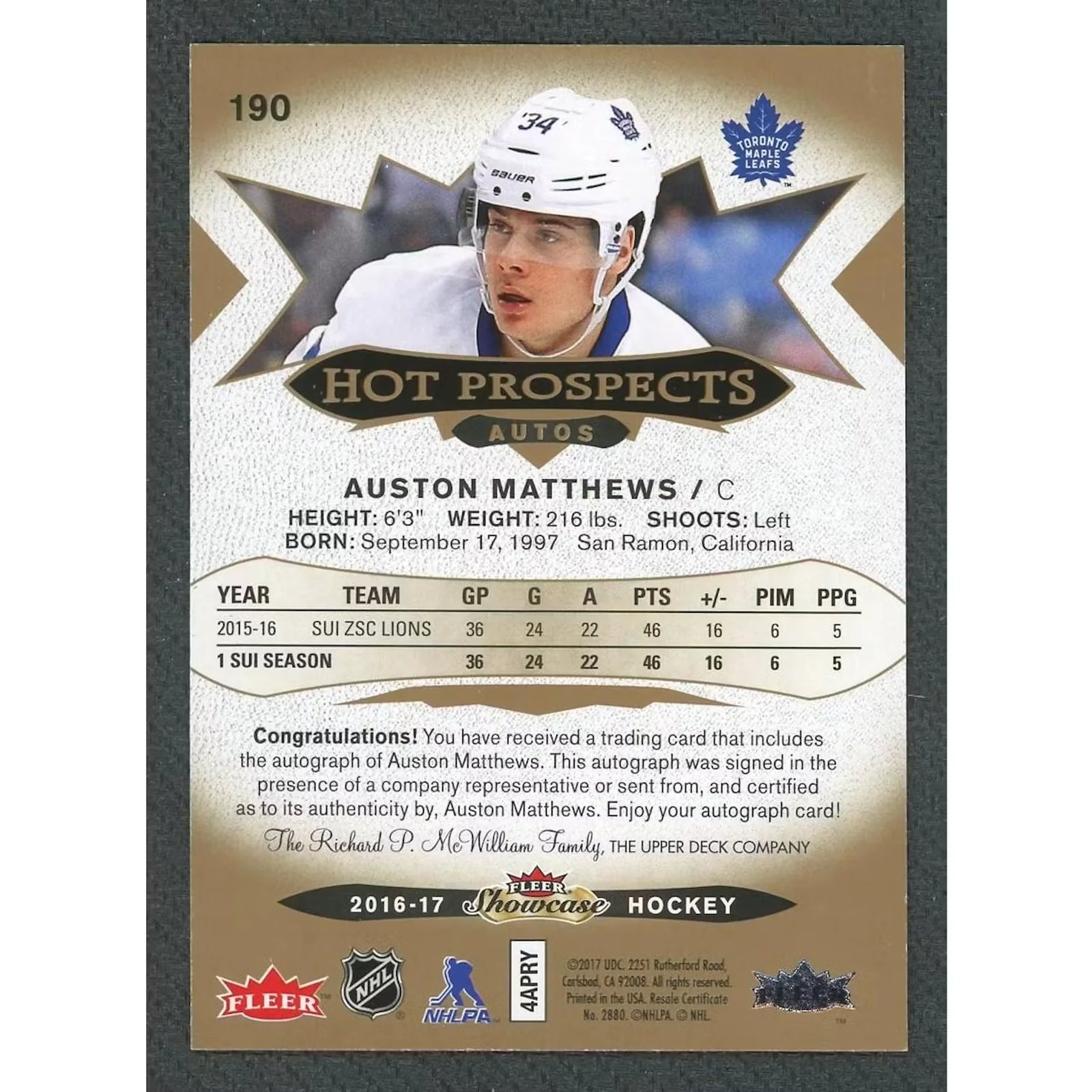 Auston Matthews 2016-17 Fleer Showcase Rookie Auto |/99