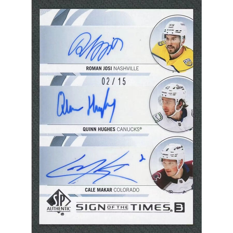 Roman Josi, Quinn Hughes & Cale Makar Signed 2024-25 Upper Deck SP Authentic Card |/15