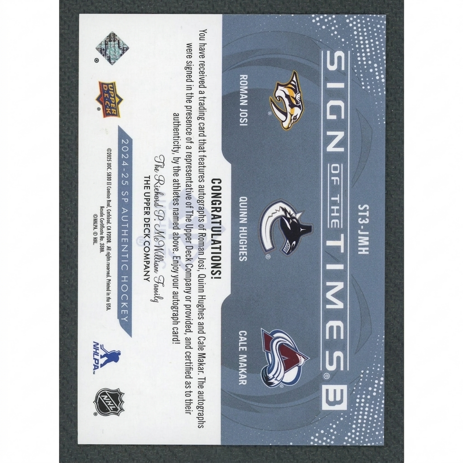 Roman Josi, Quinn Hughes & Cale Makar Signed 2024-25 Upper Deck SP Authentic Card |/15