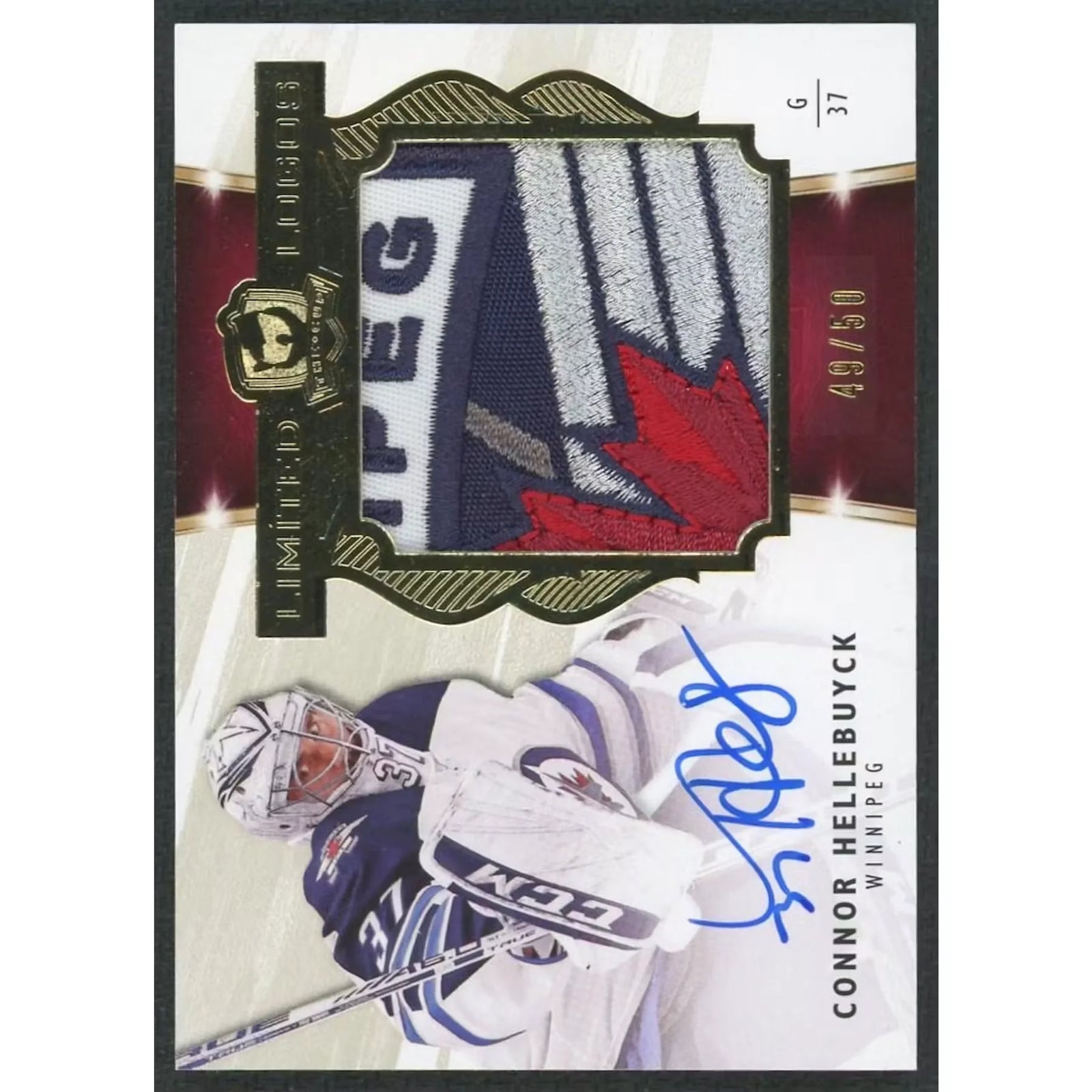 Connor Hellebuyck Signed 2019-20 Upper Deck The Cup Card | Limited Logos Patch Auto/50