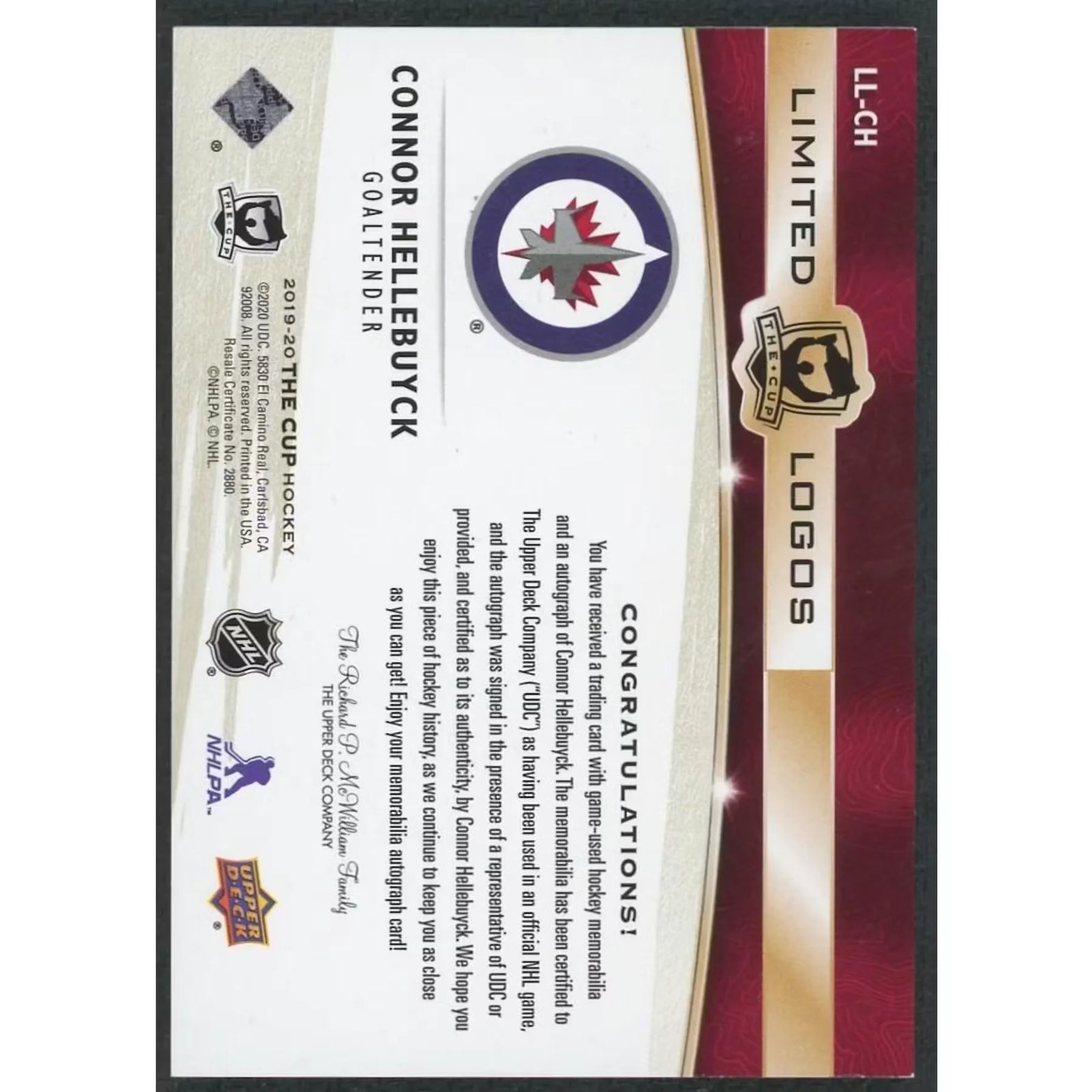 Connor Hellebuyck Signed 2019-20 Upper Deck The Cup Card | Limited Logos Patch Auto/50