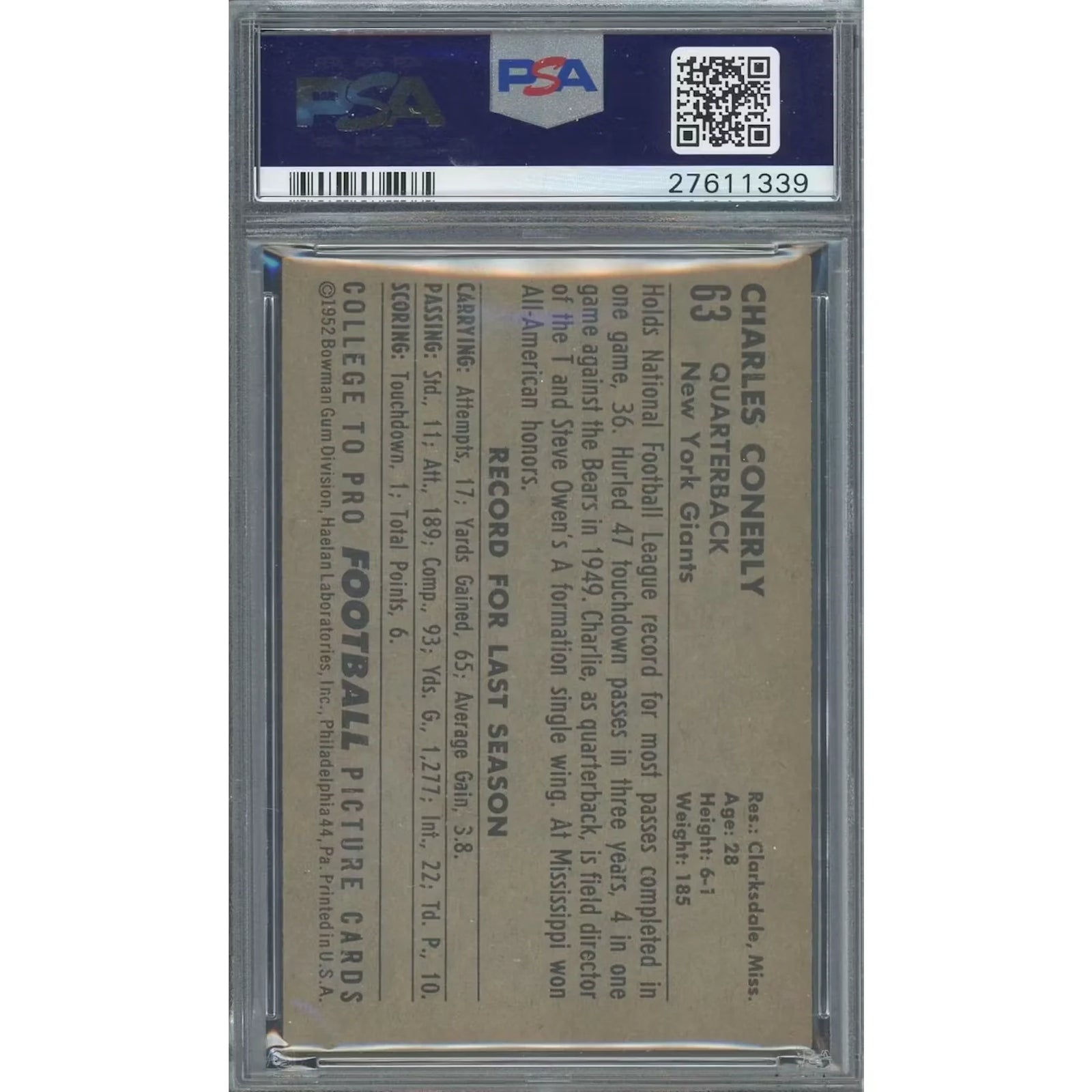 Charley Conerly 1952 Bowman Large #63 Card | PSA 5