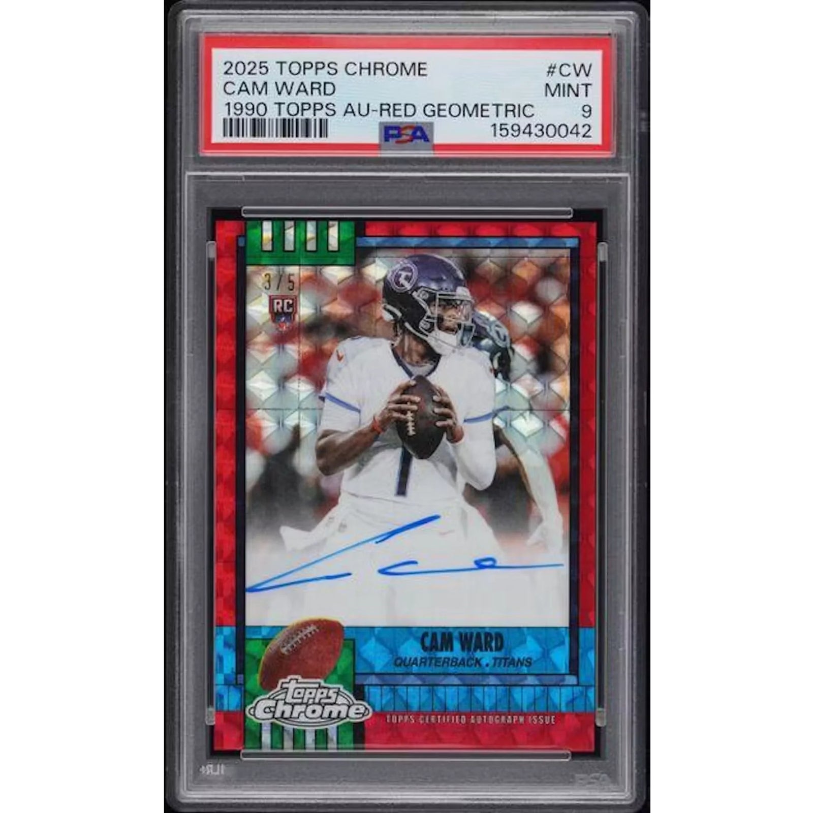 Cam Ward Signed 2025 Topps Chrome 1990 Red Geometric Rookie Card | PSA 9