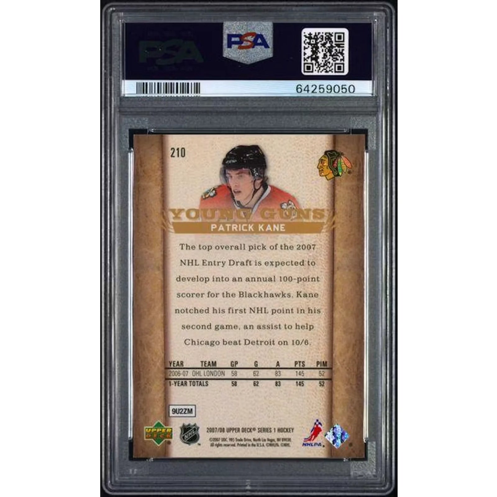 Patrick Kane 2007-08 Upper Deck Young Guns #210 | PSA 10