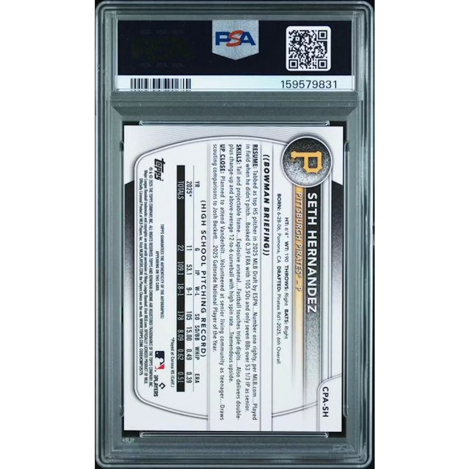 Seth Hernandez 2025 Bowman Draft Chrome Auto | Purple/250 PSA 9