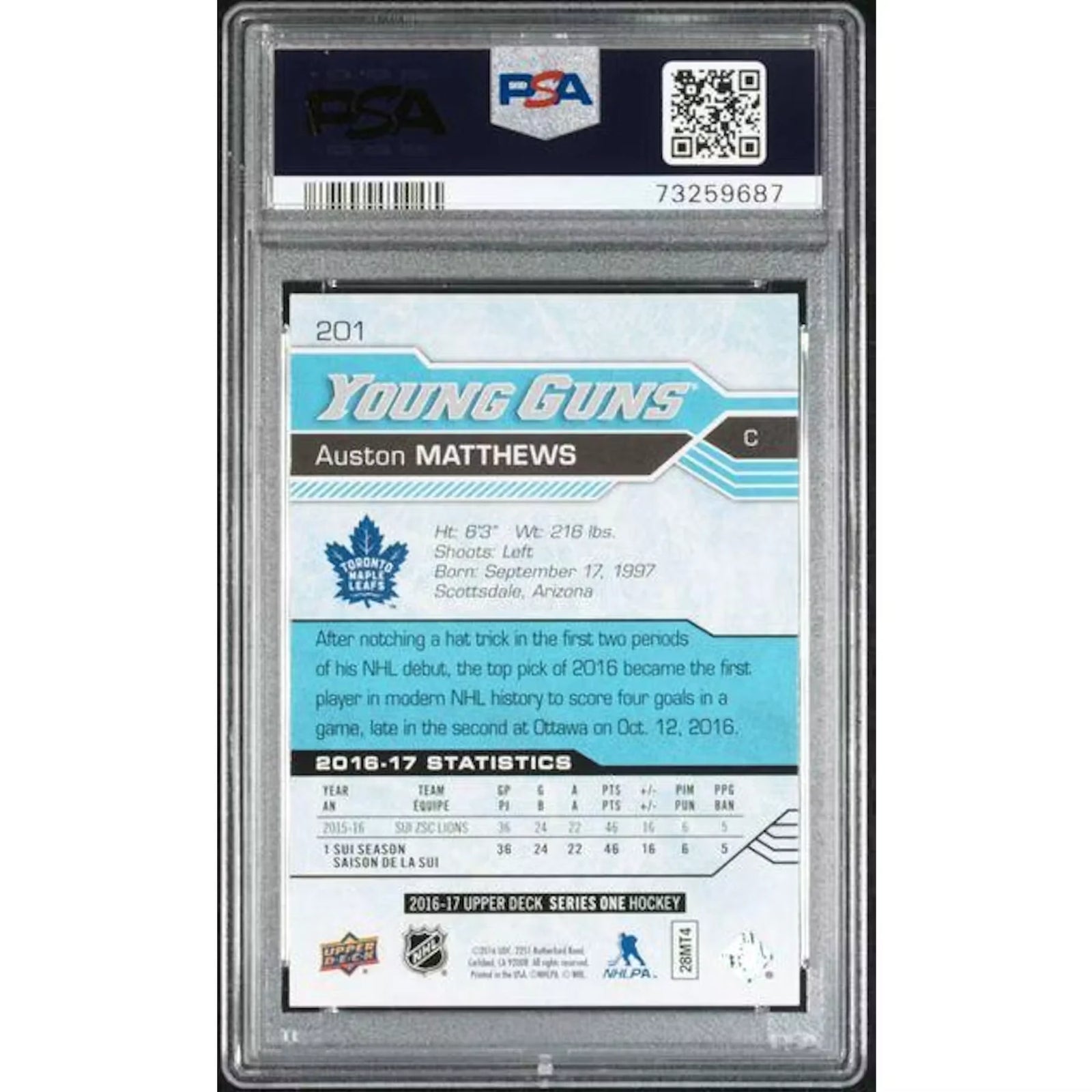 Auston Matthews Signed Rookie Card | 2016-17 Upper Deck Young Guns #201 PSA 10