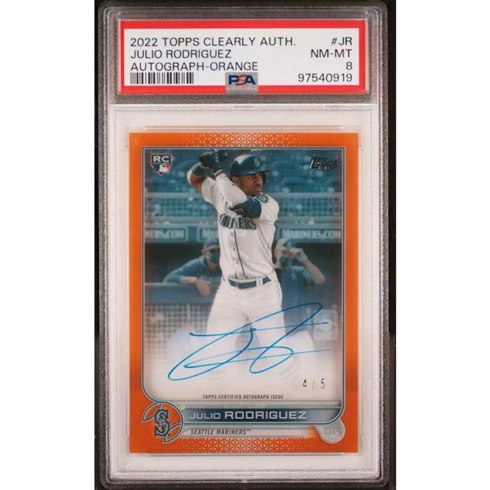 Julio Rodriguez Signed 2022 Topps Clearly Authentic Rookie Card | Orange/5 PSA 8