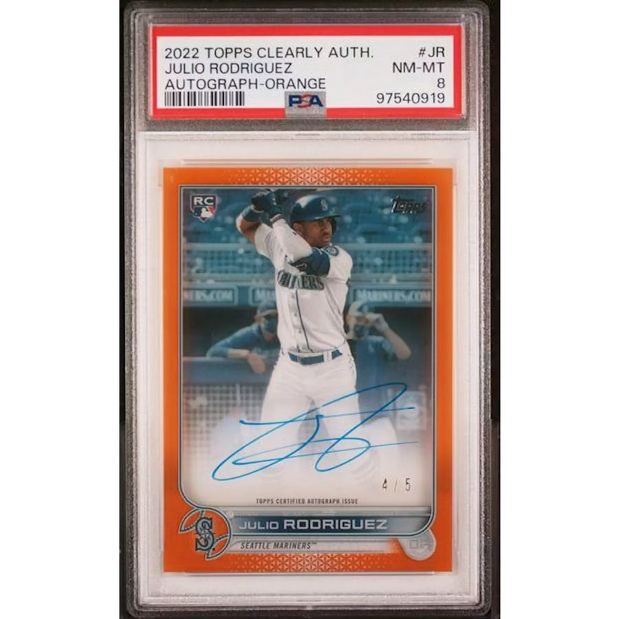 Julio Rodriguez Signed 2022 Topps Clearly Authentic Rookie Card | Orange/5 PSA 8